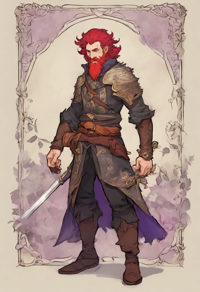 A dynamic full-body pose of a character,Strong 33-year-old men with purple hair and red beard wear over everything crown with black dots of fur THUMBS UP, Rei Midas usando um videogame , folha de caracteres, Fundo de castelos --AR 3:2,Poses de Personagens