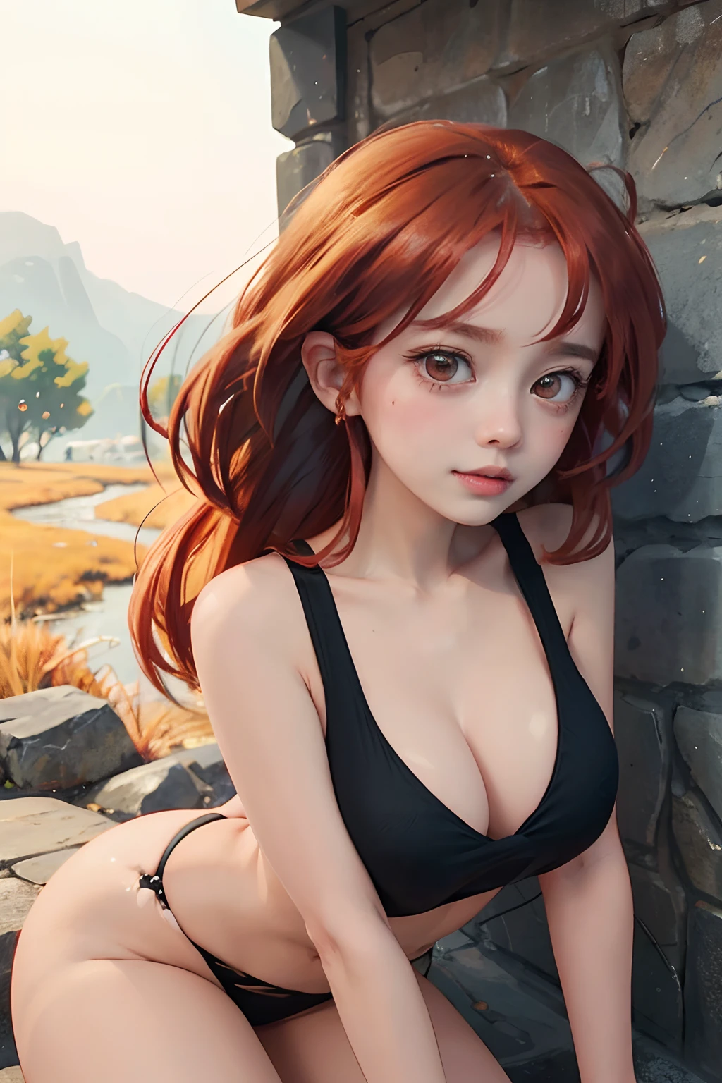 1girl, redhead girl, face, pleasure_face , from below, The upper half body naked photo showcases a young (redhead girl:1.6), fire red hair, with a shy and innocent demeanor, sensual face, big lips, She is wearing a black top that complements her big tits. Her hair is styled sleek and straight, elegantly framing her face .Her face is illuminated by gentle lighting, highlighting her delicate features. The girl's eyes sparkle with a hint of curiosity and her lips form a subtle, shy smile. The background consists of a outdoor autum scenery sunset muted and warm-toned setting, providing a calm and serene atmosphere. The composition focuses on the girl's face, capturing the intricate details of her flawless skin, includinga light dusting of blush on her cheeks. The overall image exudes a sense of tranquility and captures the innocence and gentleness of sensuality