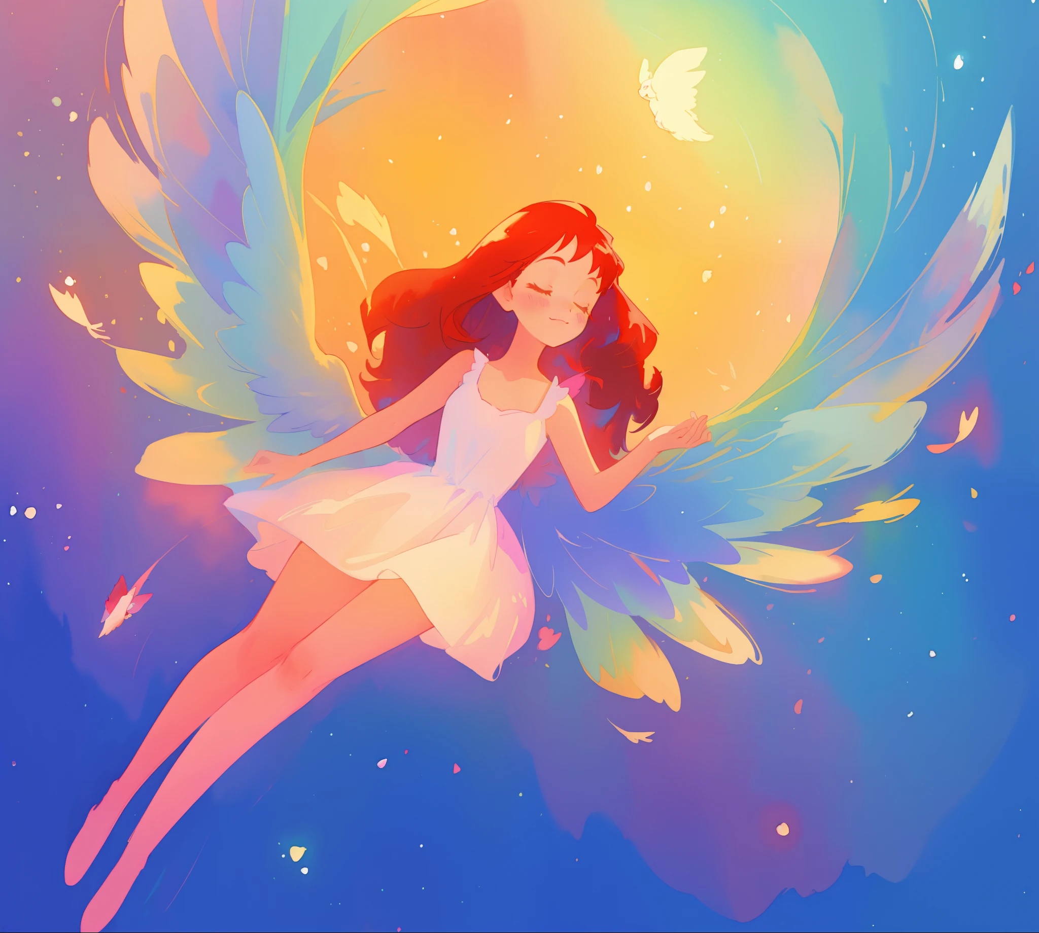 beautiful angel girl in white flowing dress, colorful angel wings, vibrant pastel colors, long flowing brown red hair, colorful fantasia background, watercolor illustration, disney art style, beautiful digital illustration, beautiful, masterpiece, best quality, anime disney style, beautiful face