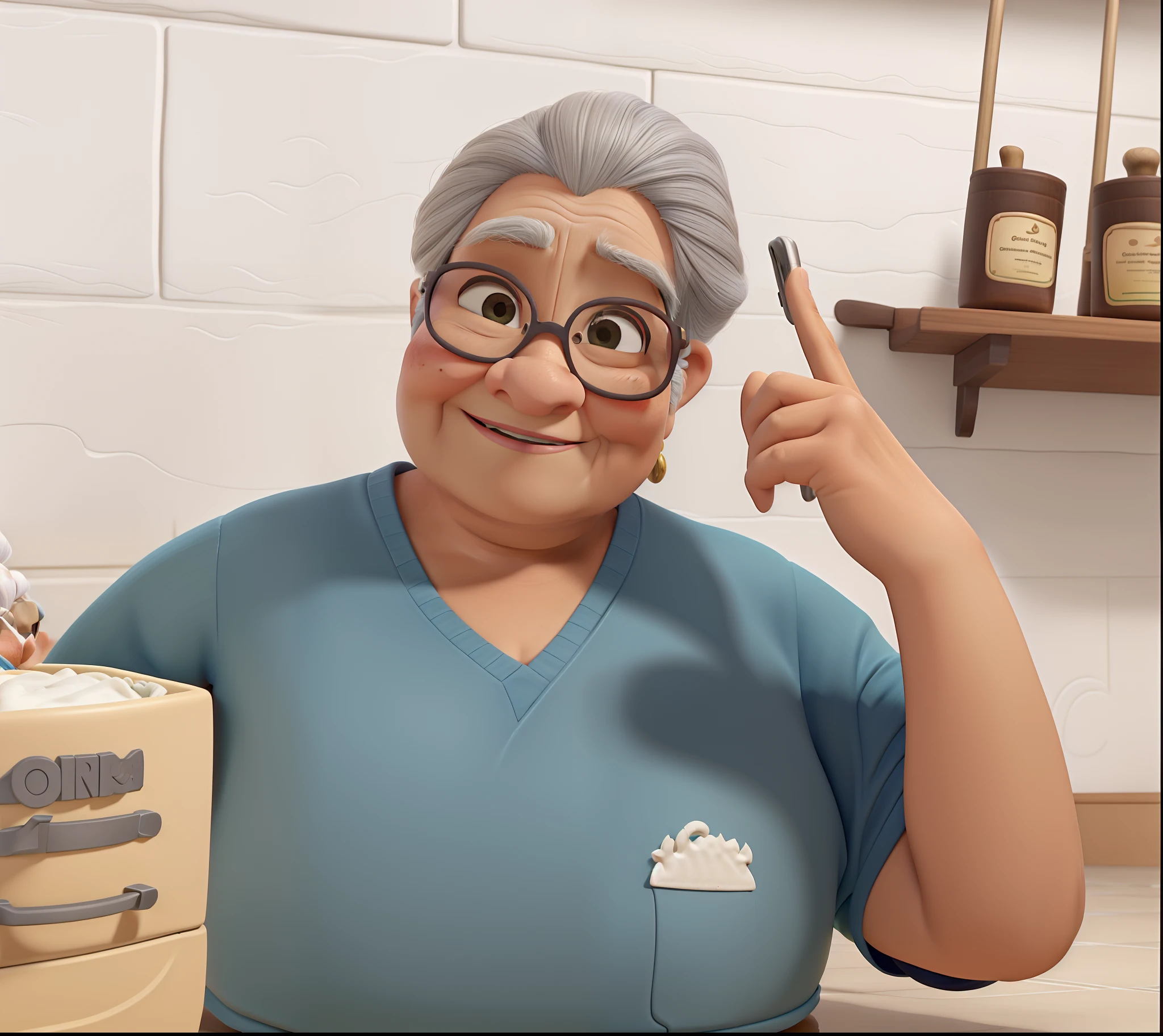 idosa, branca, Brazilian Ethnic Traits, cabelo curto, corpo inteiro, The old lady is fat, He's wearing glasses and he's mopping the floor , disney pixar desenho animado em 3d