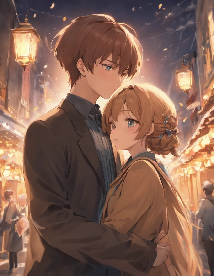 Generate a highly detailed and hyper-realistic 32k resolution AI artwork portraying a and girl deeply in love in a captivating anime style. The boy and girl should be shown in an affectionate and intimate pose, with eyes locked in a tender gaze, conveying their deep emotions. Their attire should reflect a unique and stylish fashion, and their expressions should be filled with love and warmth. The background should be a picturesque setting, such as a tranquil park or a romantic cityscape, with soft, warm lighting that enhances the romantic atmosphere. Details in their surroundings, like blooming cherry blossoms or city lights, should be meticulously designed. Please focus on creating a rich and compelling narrative, highlighting the profound connection and affection between the two characters.
