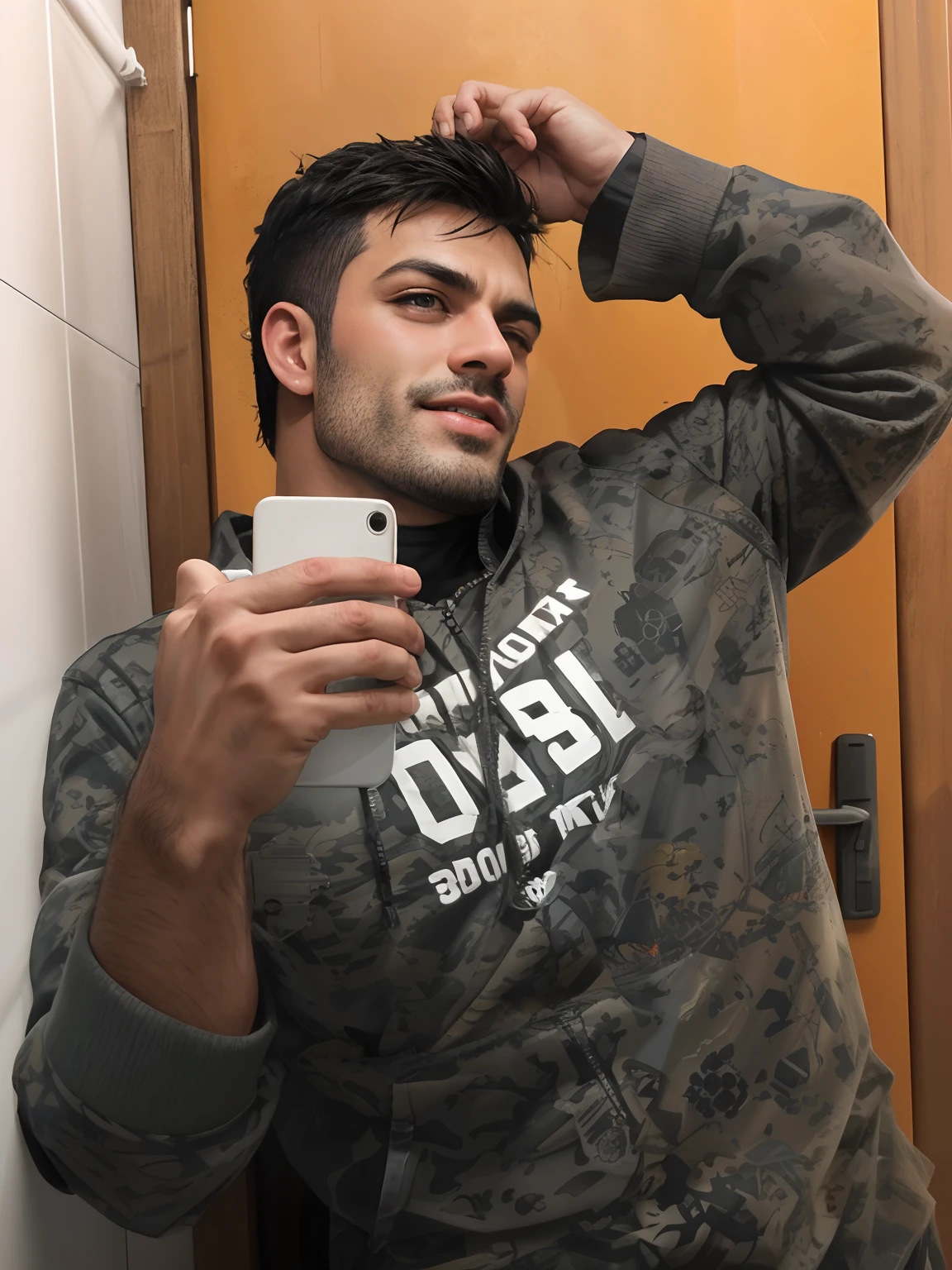 master part, best quality, high resolution, Foco masculino, foco solo, musculoso, corpulento, peludo, macho, (Sem camisa: 1.2), um homem bonito, with robot body parts,  Out of pants, Erection, em uma cidade cyberpunk, neon lights, Fundo desfocado, cara desleixada, sorriso arrogante, incredible composition, Front view, HDR, Volumetric lighting, Ultra Qualidade, elegante, altamente detalhado