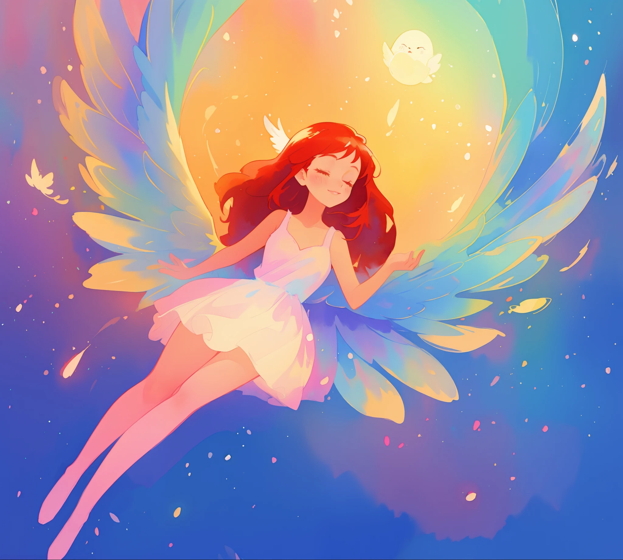 beautiful angel girl in white flowing dress, colorful angel wings, vibrant pastel colors, long flowing brown red hair, colorful fantasia background, watercolor illustration, disney art style, beautiful digital illustration, beautiful, masterpiece, best quality, anime disney style, beautiful face