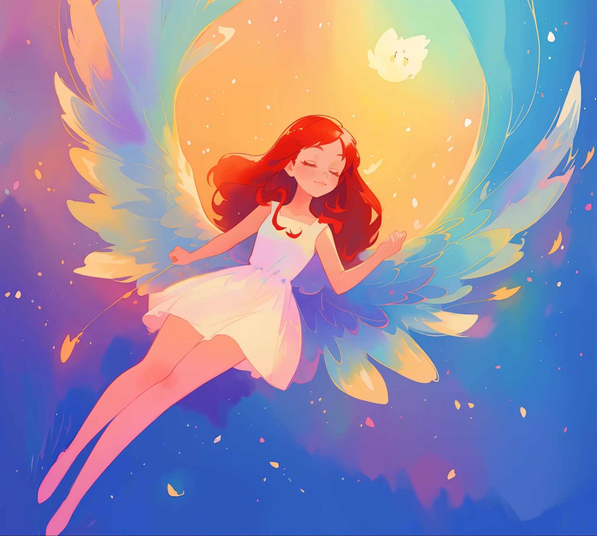 beautiful angel girl in white flowing dress, colorful angel wings, vibrant pastel colors, long flowing brown red hair, colorful fantasia background, watercolor illustration, disney art style, beautiful digital illustration, beautiful, masterpiece, best quality, anime disney style, beautiful face