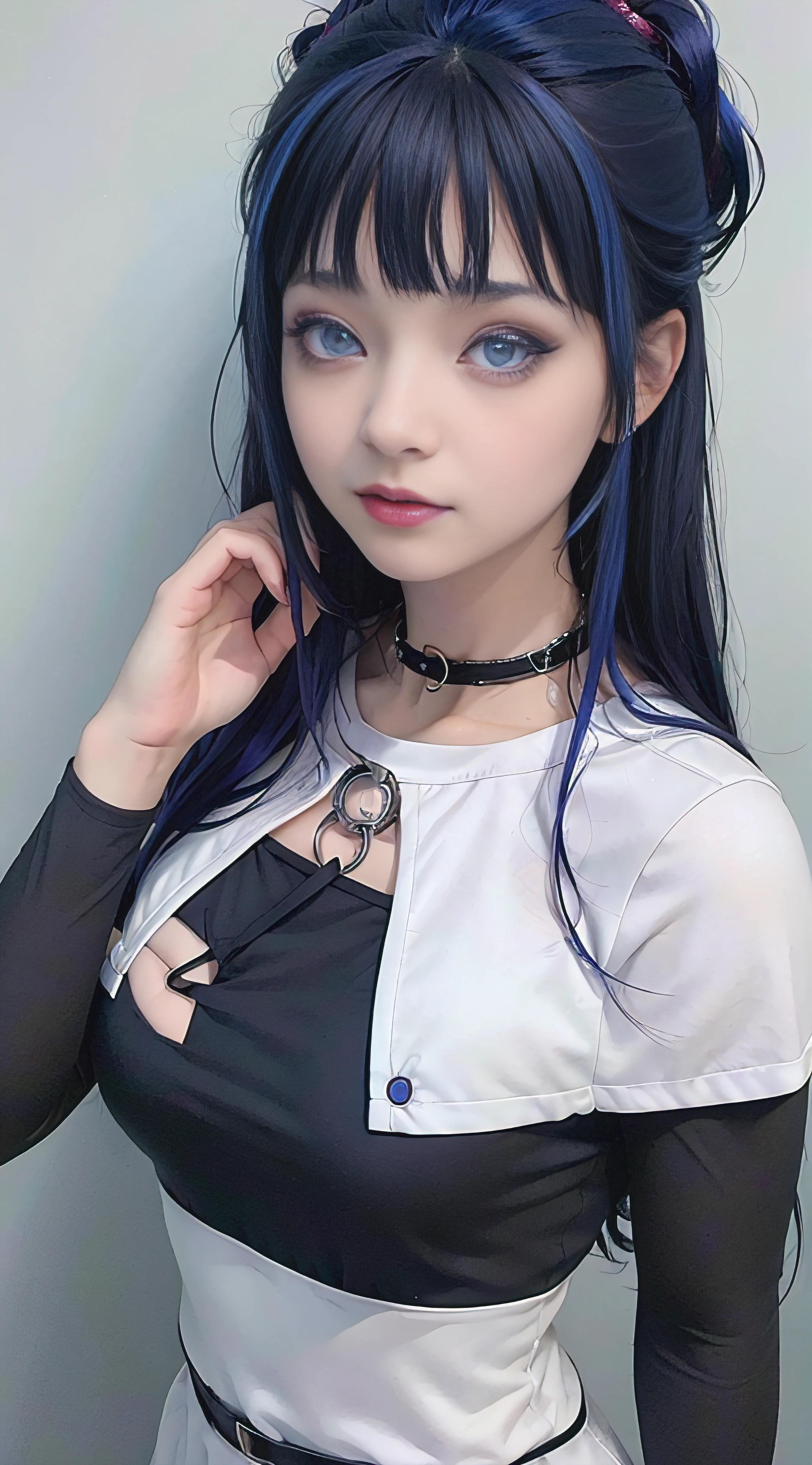 Un primer plano de una persona con cabello largo y una sudadera con capucha, Hinata Hyuga, Hinata Hyuga de Naruto, de Naruto, como personaje de anime, Cara de anime perfecta, Ella tiene el pelo azul oscuro con flequillo, Personaje femenino de anime, Personaje de anime, Mejor chica del anime, Peinado de corte hime, cabello azul oscuro, (labios rojos brillantes:1.3), ojos morados claros, pechos grandes, realista, Ultra detalle