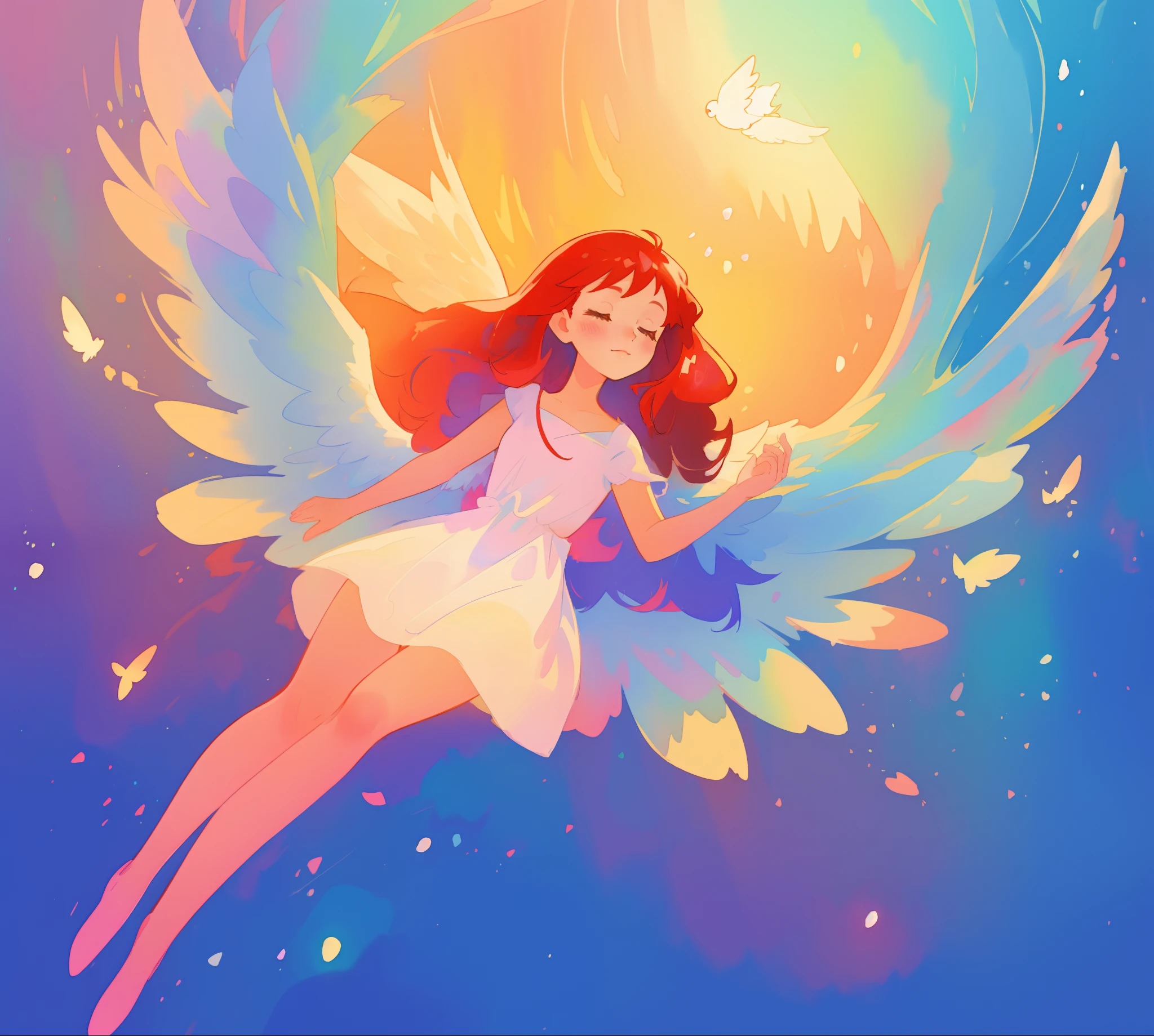 beautiful angel girl in white flowing dress, colorful angel wings, vibrant pastel colors, long flowing brown red hair, colorful fantasia background, watercolor illustration, disney art style, beautiful digital illustration, beautiful, masterpiece, best quality, anime disney style, beautiful face