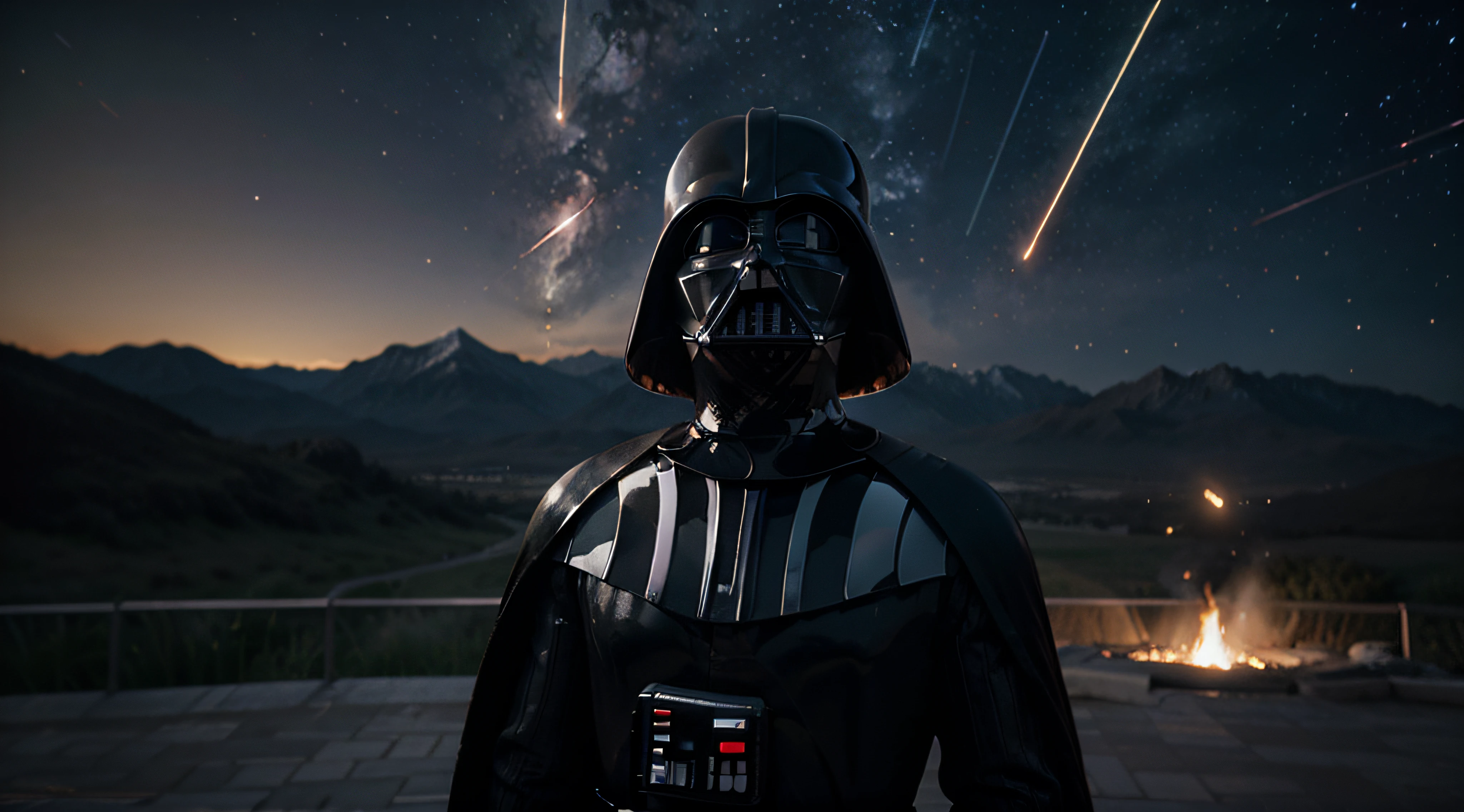 Darth Vader admires in the sky a meteor shower, meteors, shooting stars (best quality, 8k, masterpiece: 1.2)