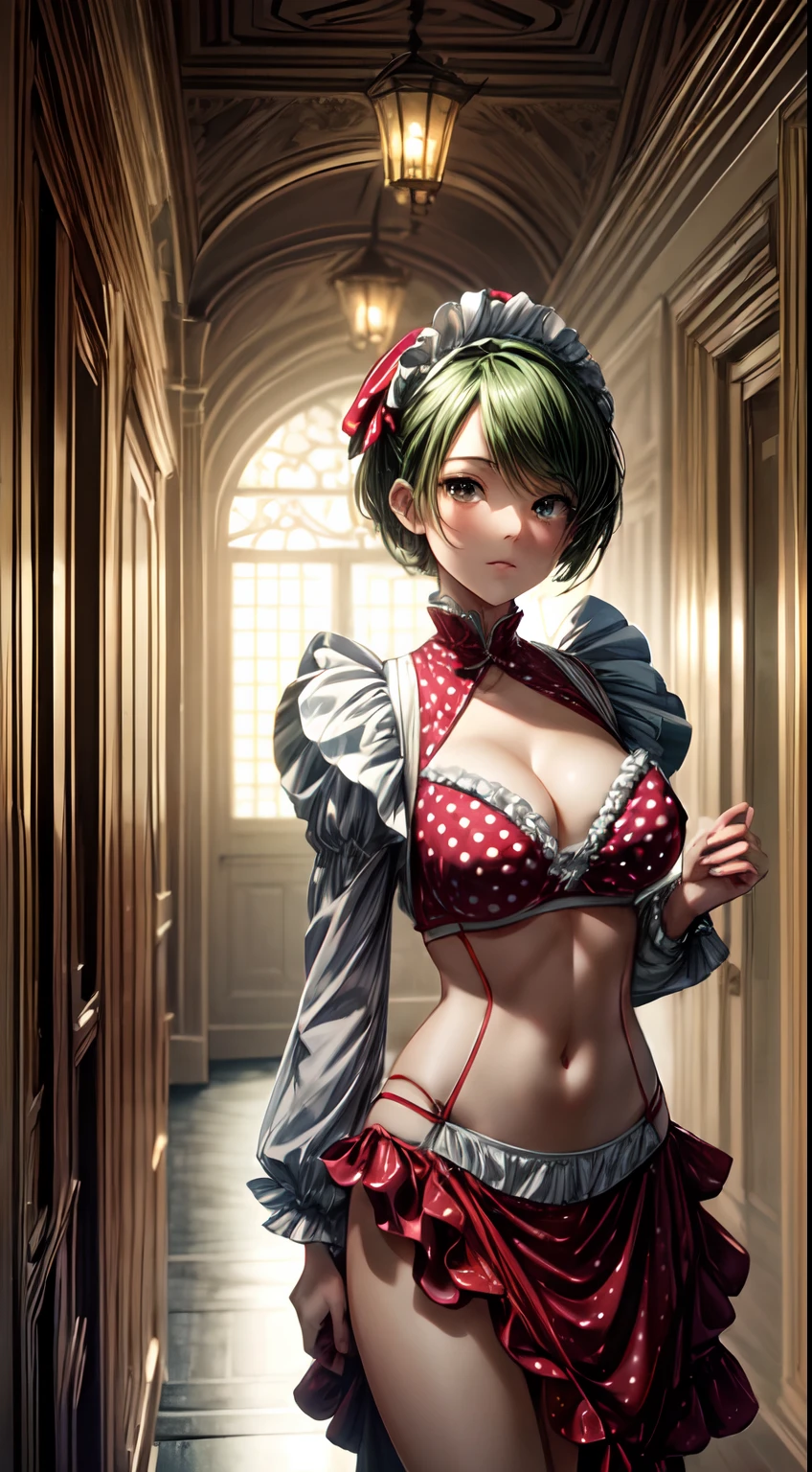 (best quality, absurdres:1.4), (hyper cinematic, hyper detailed, sharp focus, depth of field, 8k), 1girl, symmetrical face, apricot pixie cut, big breasts, hourglass figure, warsp waistline, ((Maid Bikini, Playful, Polka-dot, Green, Cotton, Red polka dots, Ruffle trim)), [standing::2], (1800s house hallway with luxury accents:1), (volumetric lighting, Layered Atmospherics, Aureate Diffusion)