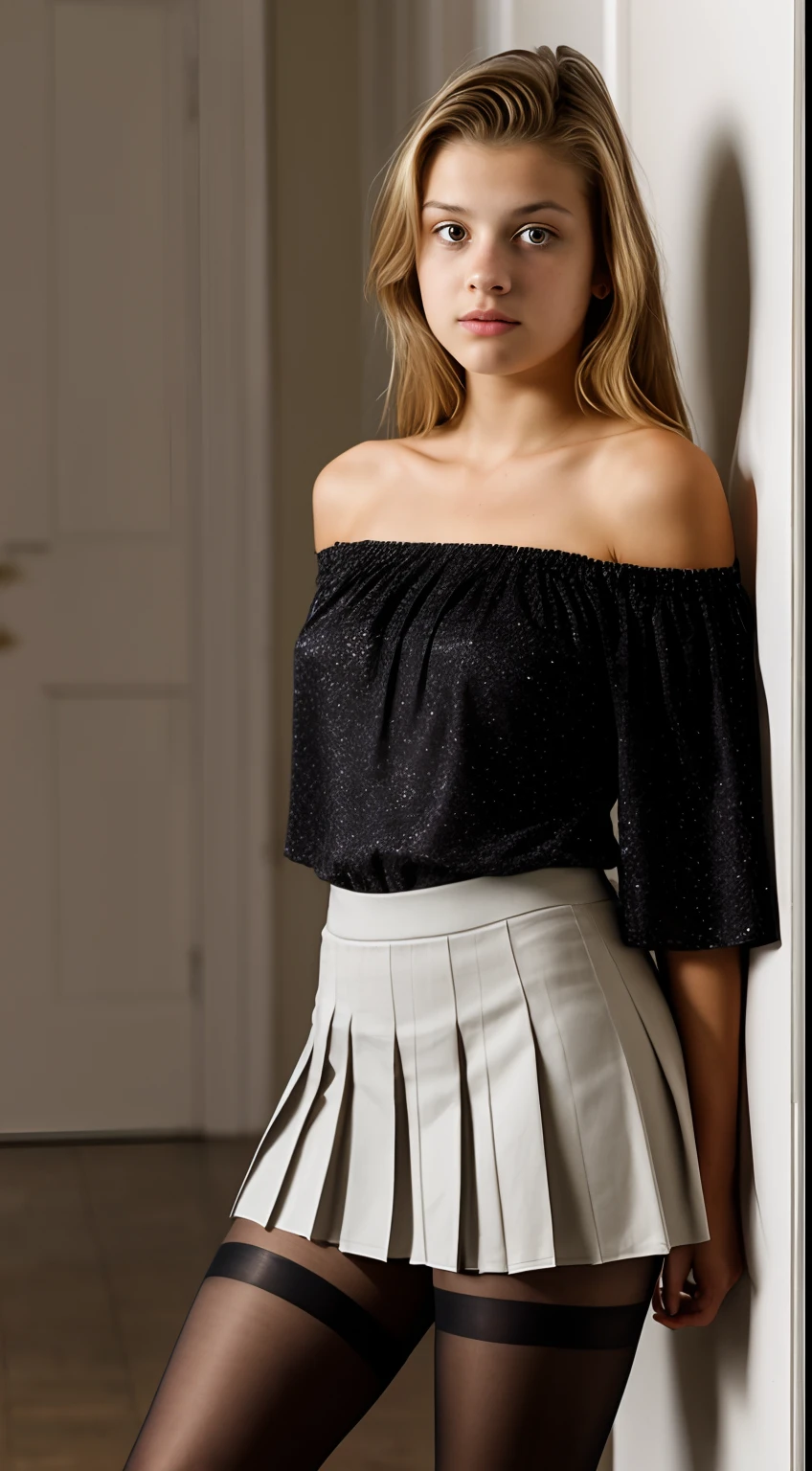 16 year old pre-teen, European, blonde, off-the-shoulder blouse, tiny pleated skirt, black tights, hairy vagina, ray tracing, HDR, high grain, high chromatic aberration