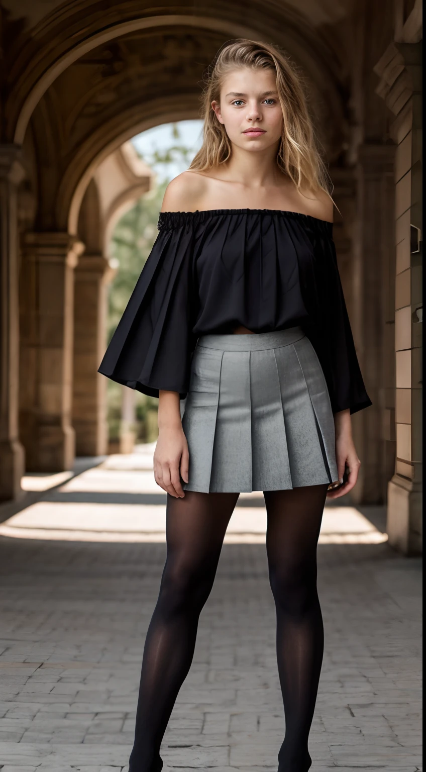 16 year old pre-teen, European, blonde, off-the-shoulder blouse, tiny pleated skirt, black tights, hairy vagina, ray tracing, HDR, high grain, high chromatic aberration