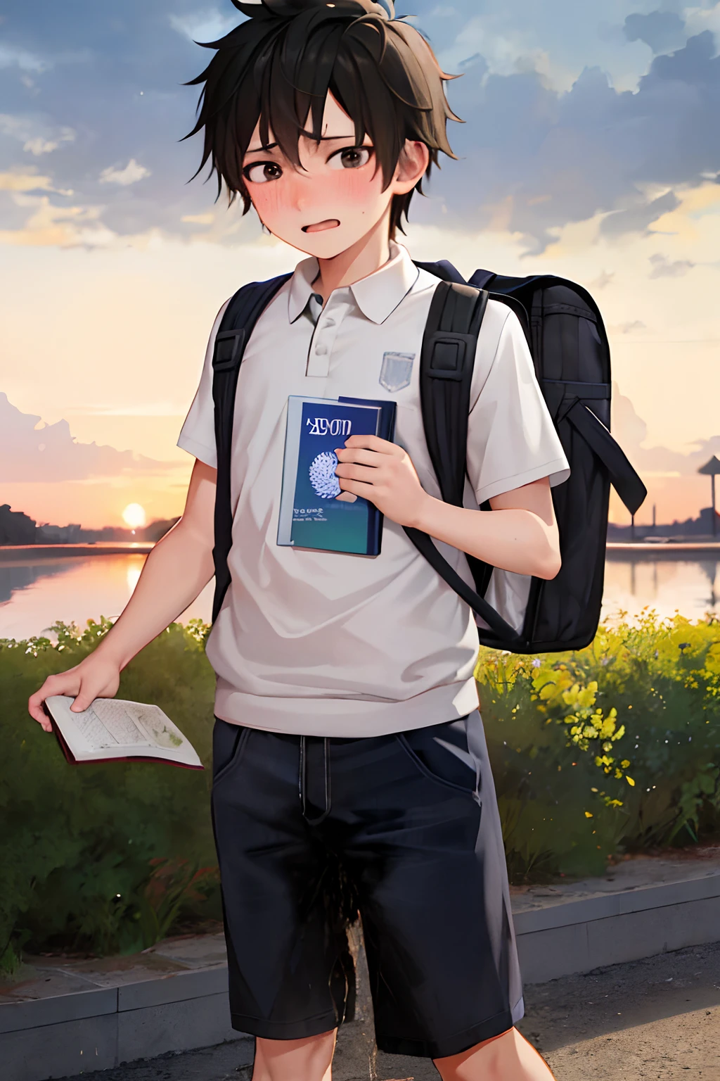 , black hair, ((peeing stain)), standing, determined, embarrassed expression, standing in front of a beautiful sunset, holding a book and a backpack, exploring the world. [Masterpiece:1.2], vibrant colors, realistic depiction, soft lighting, exquisite details, capturing the captivating moment, facing the camera
