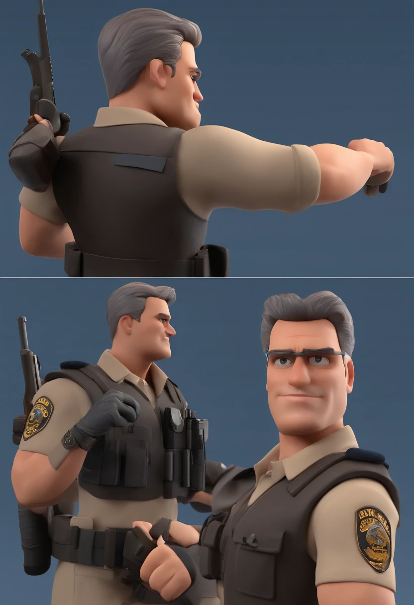Personagem dos desenhos animados de um homem policial, Straight dark gray hair with a thin face and a brown shirt and pants and black police belt, parado de frente com fundo azul, animation character, Caractere estilizado, animation style rendering, 3D estilizado, Arnold Maya render, 3 d render stylized, toon render keyshot, Personagem 3D, Personagem 3D, 3d rendering stylized, 3 d character render, personagem de desenho animado, Personagem de close up, Pose de personagem, (Estilo Pixar) (master part:1.2) (Bokeh) (best quality) (pele detalhada) (textura detalhada) (8k) (argila) (Cinematic lighting) (foco nítido