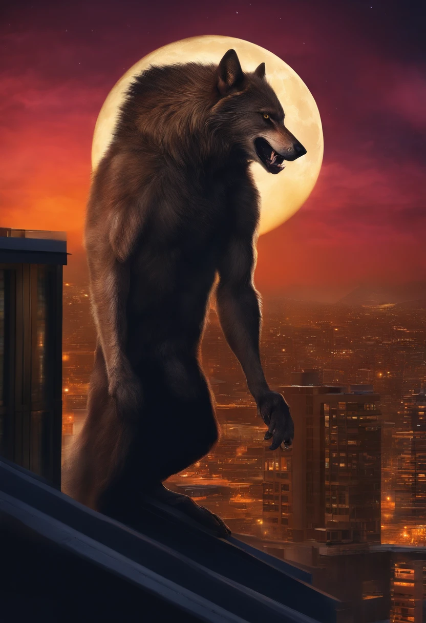 werewolf in modern days, holding a two-hander, in the top of a building against the fullmoon