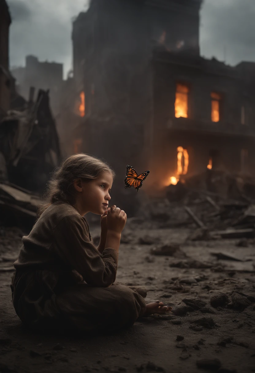 Ultra-realistic depiction of greta thunberg, age 25, sitting with sorrow, agony, ((dried tears drops)), messy hair, dusty face and cloth,(( a destructed city in background, fire, ((human corpse on ground)), some people are crying, destroyed building)), a butterfly sits on her forefinger, (((she is looking at the butterfly and a little bit smile))), hyper detailed, dynamic color, black and gray shade, super emotional picture, set against a hauntingly dark backdrop and surrounded by swirling dark smoke. The image should be in a captivating 16:9 format."
