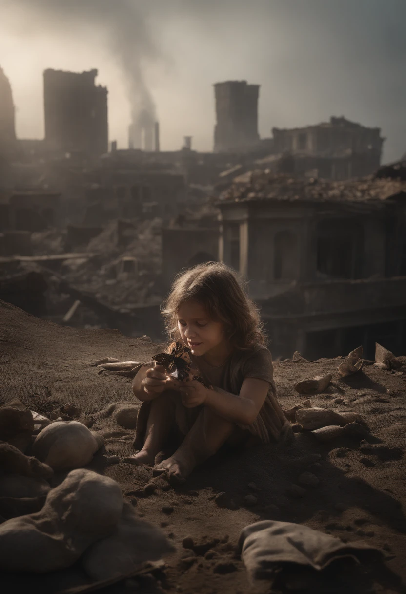 Ultra-realistic depiction of a little girl, sitting with sorrow, agony, ((dried tears drops)), messy and curl hair, dusty face and cloth,(( a destructed city in background, fire, ((human corpse on ground)), some people are crying, destroyed building)), a butterfly sits on her forefinger, (((she is looking at the butterfly and a little bit smile))), hyper detailed, dynamic color, black and gray shade, super emotional picture, set against a hauntingly dark backdrop and surrounded by swirling dark smoke. The image should be in a captivating 16:9 format."