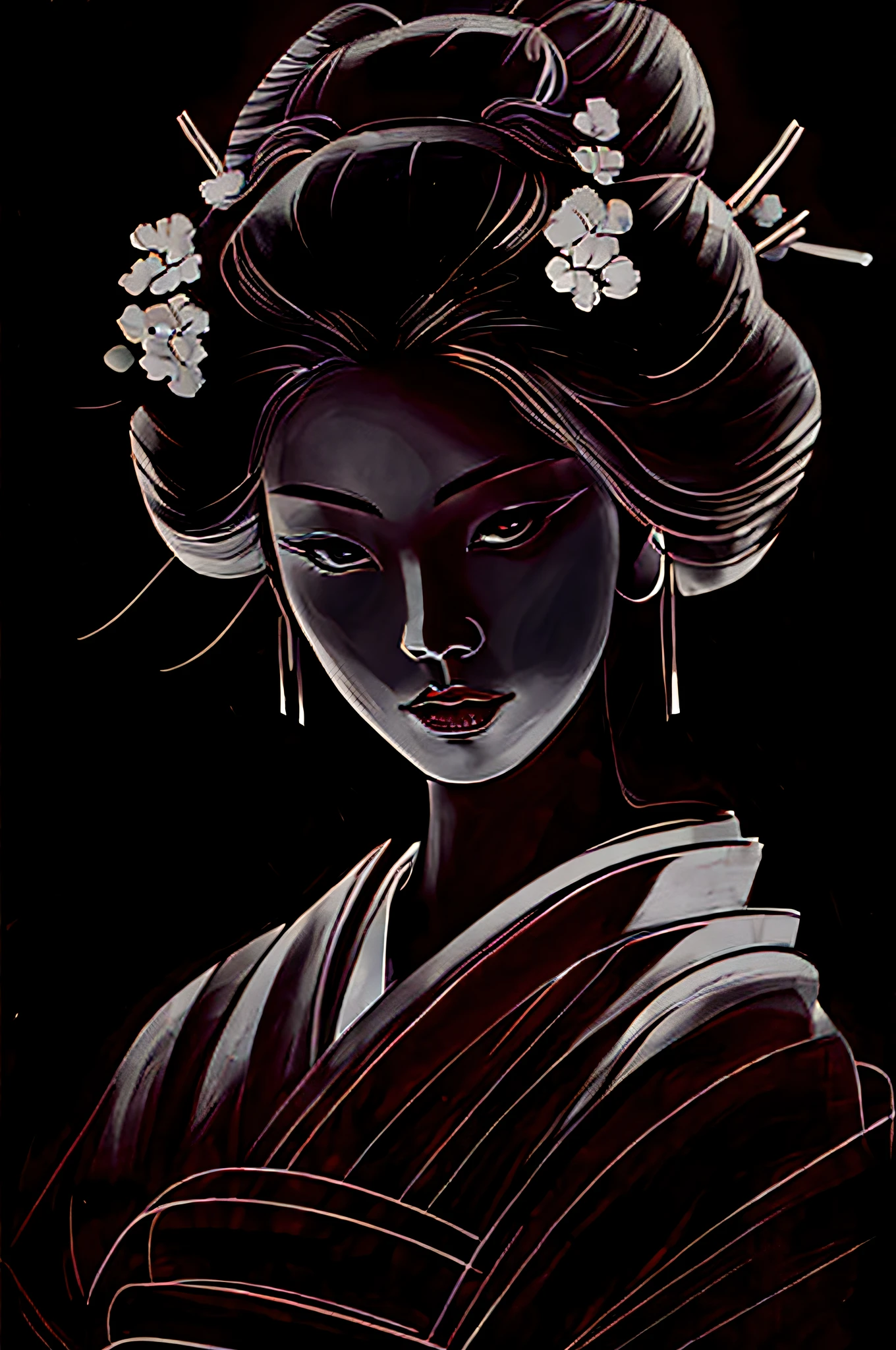 Portrait of a geisha with backlight, white contour drawing on a dark black background