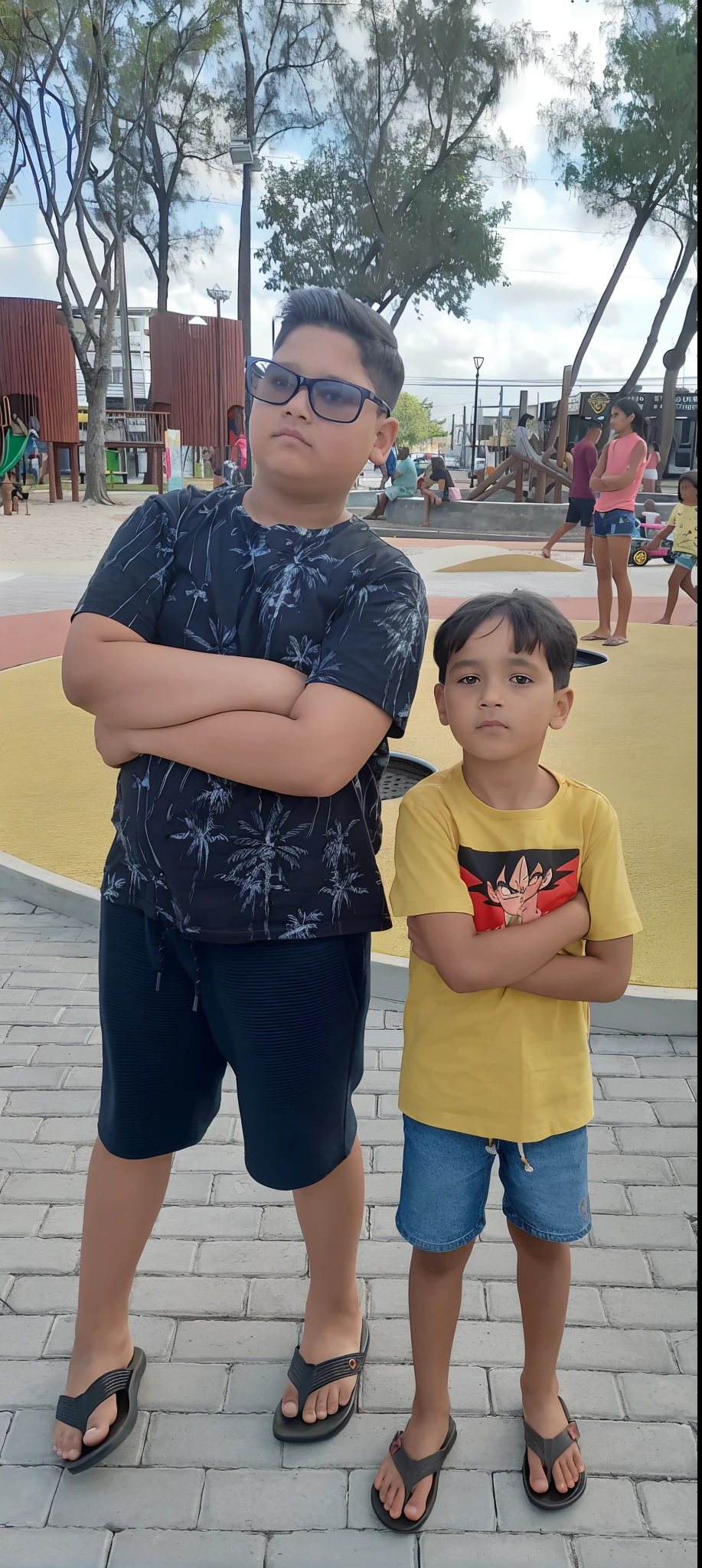 LLaVA Chatbot
user upload imageTwo boys in a square. The square has gray bricks. Behind the boys are children playing. In the balance. There is a boy on the left who is taller than the boy on the right. The boy on the left is wearing rectangular glasses with navy blue temples. He has his arms crossed looking at the horizon. He is dressed in a black knit shirt with white coconut trees on the print. He's wearing navy blue shorts. And black sandals. The boy on the right is wearing a yellow knitted shirt and on the front of the shirt there is a photo of Goku. The boy has his arms crossed too. He's thinner than the other boy. He's wearing blue denim shorts. She's wearing black sandals too. The boy on the left has black hair with a quiff to the left. The thinnest boy has straight hair, short and parted in the middle. He is looking straight ahead with a serious expression. Create a Disney Pixar-style image.