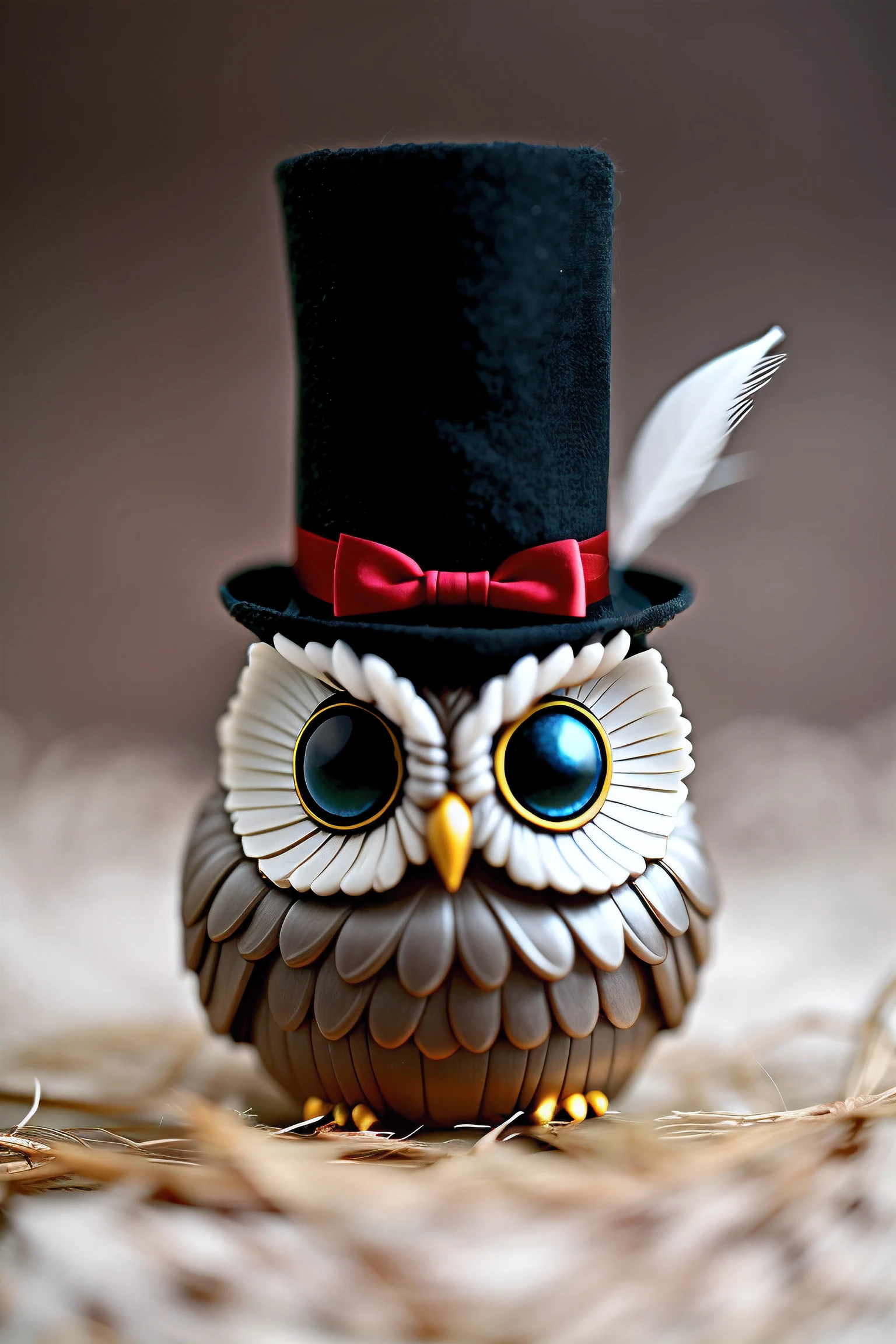 Fantasy style,Owl in miniature top hat, Red bow tie, full bodyesbian, Taupe-white feathers,Close-up, Outdoors,Gloomy background, mystical ambiance