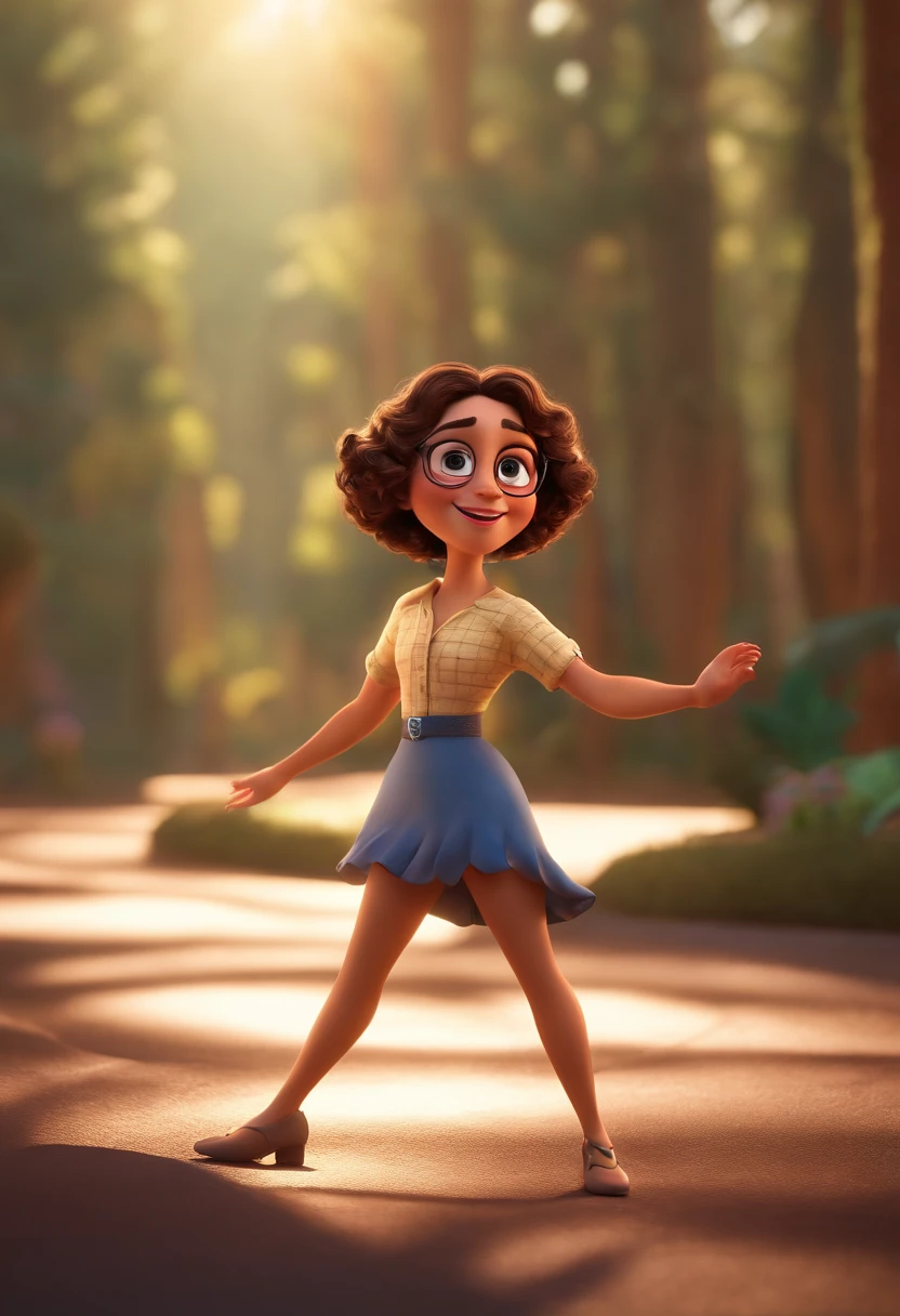 Pixar style image with 3D character white glasses brunette woman short curly hair dancing, Maquiagem Disney,Pescador, bonitinho, sorridente ,Close-up, Pixar, Disney, Cinema lighting,