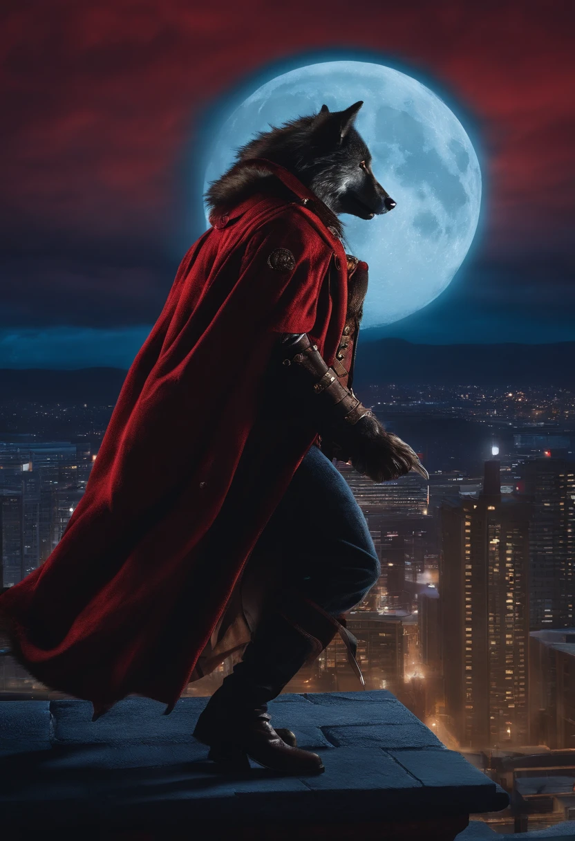 (masterpiece) werewolf warrior, wielding a Zweihänder, wearing a modern coat, cruching in the top of a building, against the fullmoon