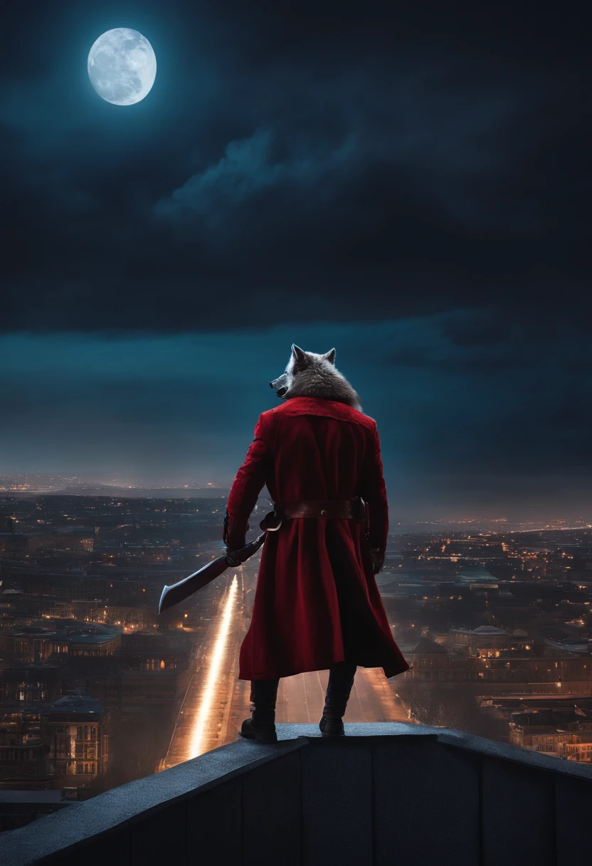 (masterpiece) werewolf warrior, wielding a Zweihänder, wearing a modern coat, cruching in the top of a building, against the fullmoon