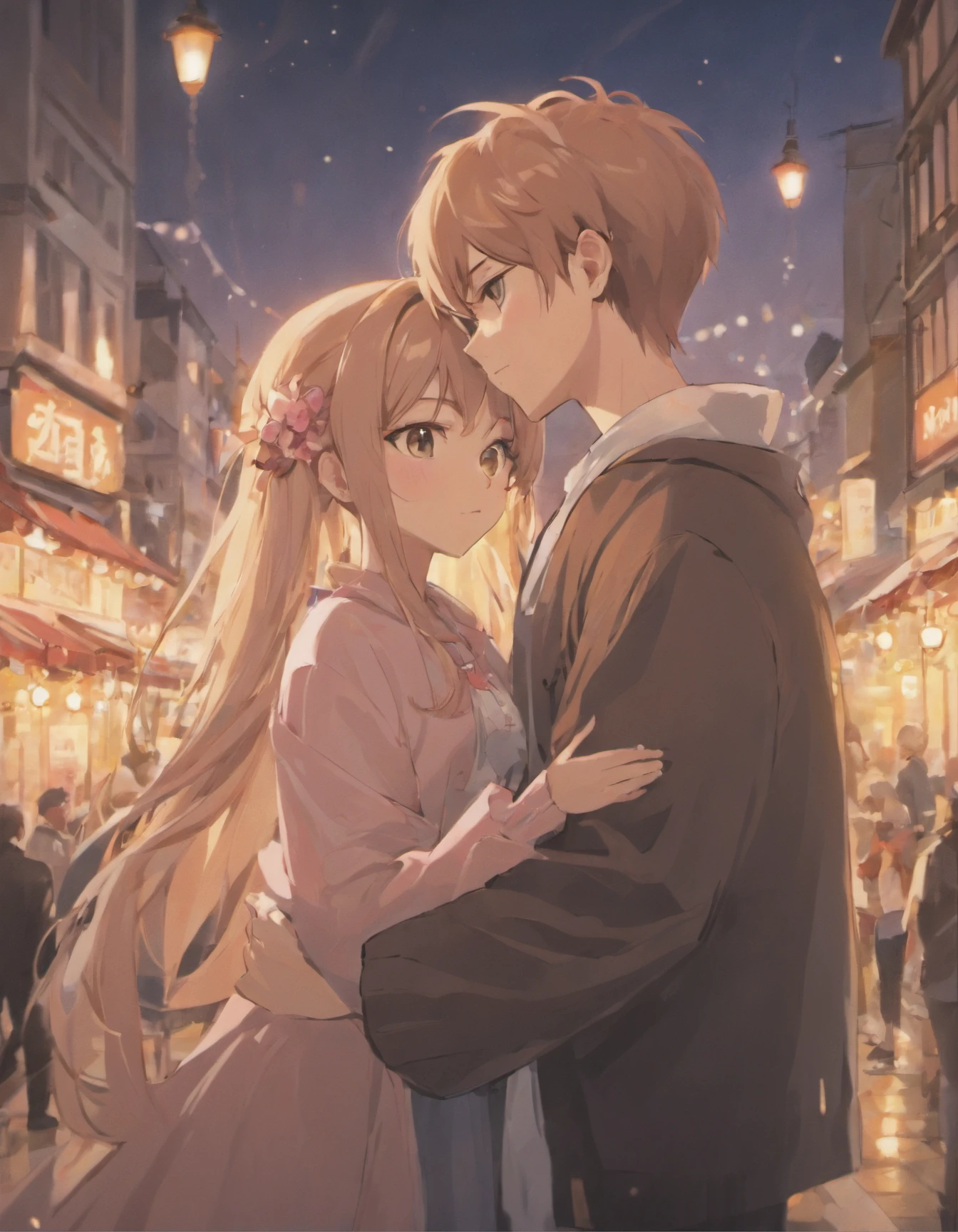 Generate a highly detailed and hyper-realistic 32k resolution AI artwork portraying a and girl deeply in love in a captivating anime style. The boy and girl should be shown in an affectionate and intimate pose, with eyes locked in a tender gaze, conveying their deep emotions. Their attire should reflect a unique and stylish fashion, and their expressions should be filled with love and warmth. The background should be a picturesque setting, such as a tranquil park or a romantic cityscape, with soft, warm lighting that enhances the romantic atmosphere. Details in their surroundings, like blooming cherry blossoms or city lights, should be meticulously designed. Please focus on creating a rich and compelling narrative, highlighting the profound connection and affection between the two characters.