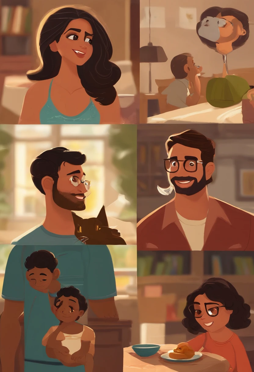 Pixar. Casal de namorados. Matheus tem 28 anos e tem cabelo curto e castanho e olhos castanhos, in addition to a short beard. He has a lean physique but with some muscles. Karina tem 28 anos, has medium-sized black hair, Dark eyes and wears glasses. They're with their two kittens. O primeiro tem cor preta e olhos amarelos, plus a thick black ass. O outro tem cor laranja e olhos verdes.