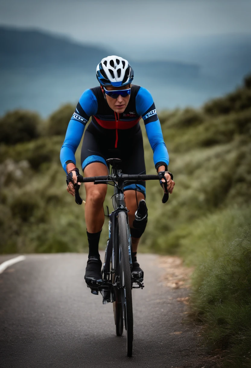 Ciclista pele clara, cabelo presocastanho escuro capacete azul escuro, roupa de cliclismo azul bike fuul caloi vermelha oculos de ciclismo