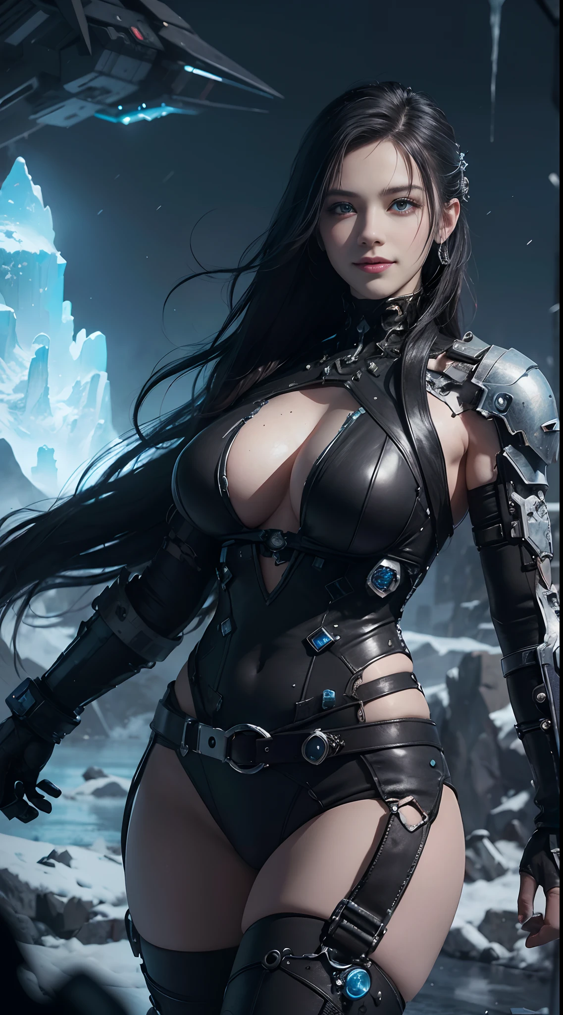 Cyberpunk, mechanical, broken, there is a picture of a very large iceberg, cyberpunk, mechanical, broken, with a lot of snow, dungeon background, icicle background, arena background, game background, dark dark cave background,a female warrior running,((smile:1))