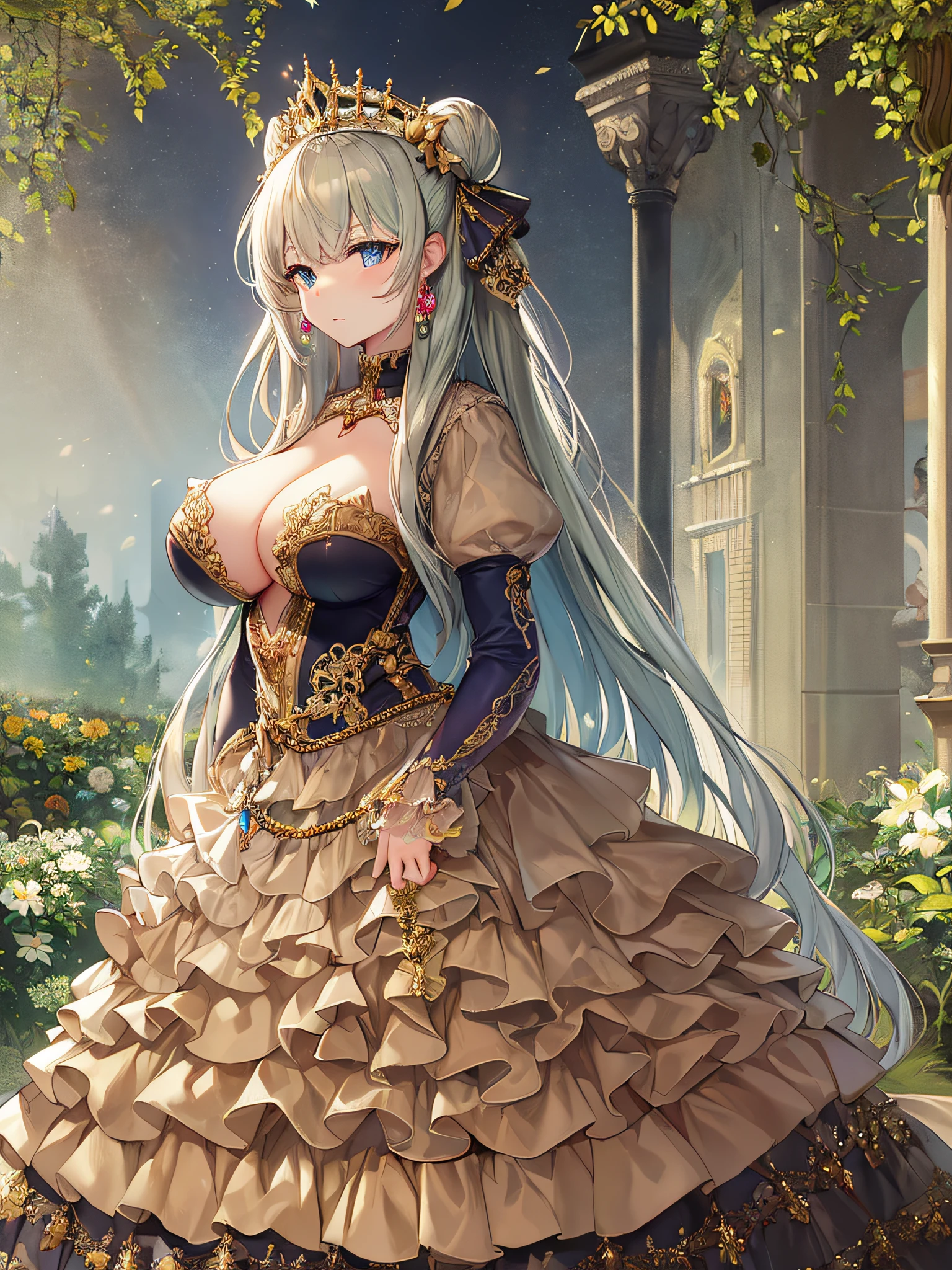 anime artstyle,Masterpiece,Best Quality,Super Detail,Very Delicate and Beautiful,Solo,full body portrait,((1 princess)),crinoline,super detailed gorgeous princess ballgown with voluminous full length hoop skirt,gorgeous princess rococo ballgown with big bows,gorgeous princess rococo ballgown with big bows,gorgeous princess rococo ballgown with beautiful embroidery and jeweled,((standing in garden)),detailed face and eyes,jewel-like eyes,((large amount of straight hair,extremely voluminous Hair,Very Long Straight Hair)),((very gigantic boobs,Long boobs)),cleavage,extremely gorgeousfull hair ornament,bling-bling extremely gorgeousfull jeweled tiara,Dynamic Angle,Looking at viewer,