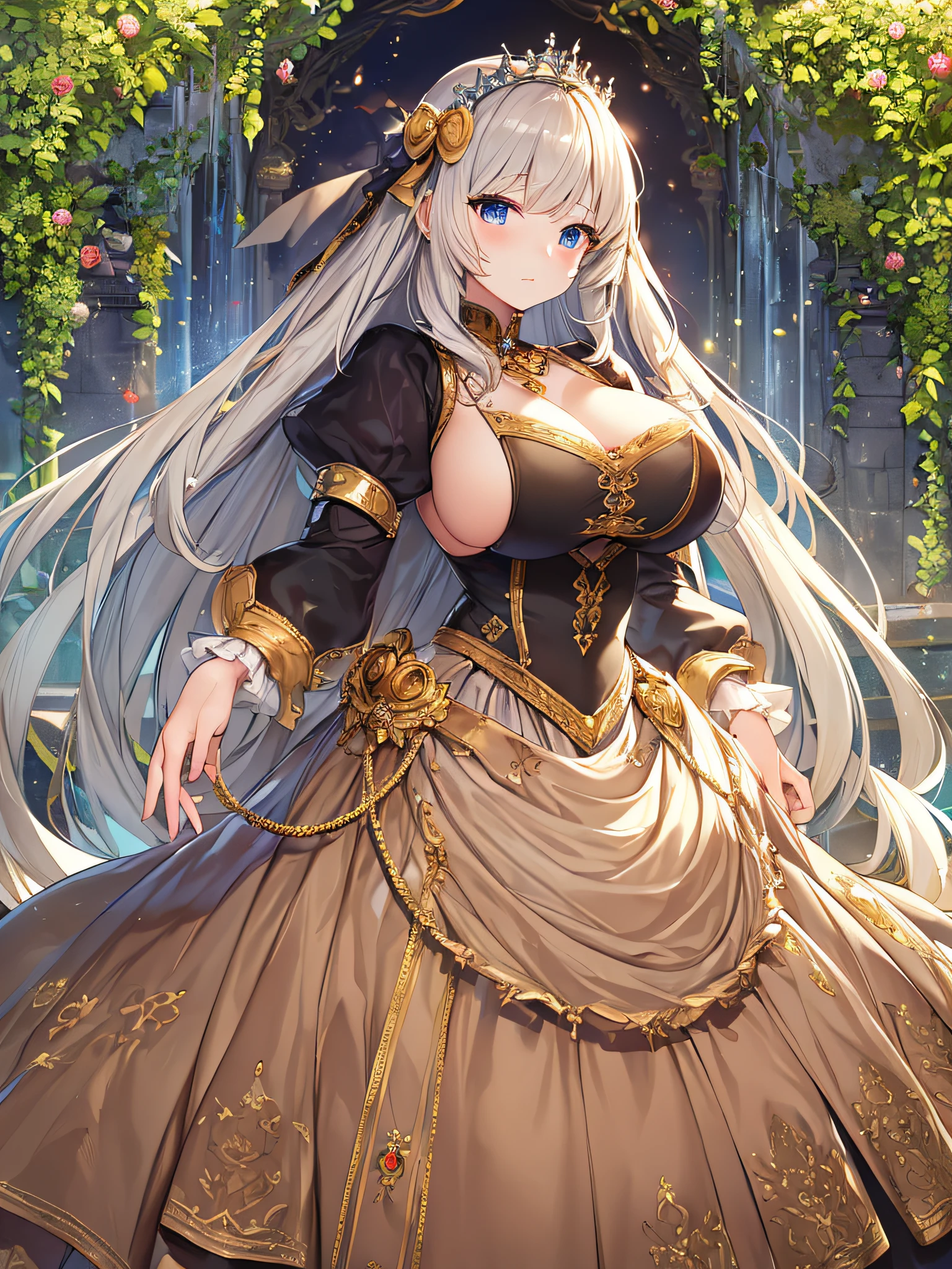 anime artstyle,Masterpiece,Best Quality,Super Detail,Very Delicate and Beautiful,Solo,full body portrait,((1 princess)),crinoline,super detailed gorgeous princess ballgown with voluminous full length hoop skirt,gorgeous princess rococo ballgown with big bows,gorgeous princess rococo ballgown with big bows,gorgeous princess rococo ballgown with beautiful embroidery and jeweled,((standing in garden)),detailed face and eyes,jewel-like eyes,((large amount of straight hair,extremely voluminous Hair,Very Long Straight Hair)),((very gigantic boobs,Long boobs)),cleavage,extremely gorgeousfull hair ornament,bling-bling extremely gorgeousfull jeweled tiara,Dynamic Angle,Looking at viewer,