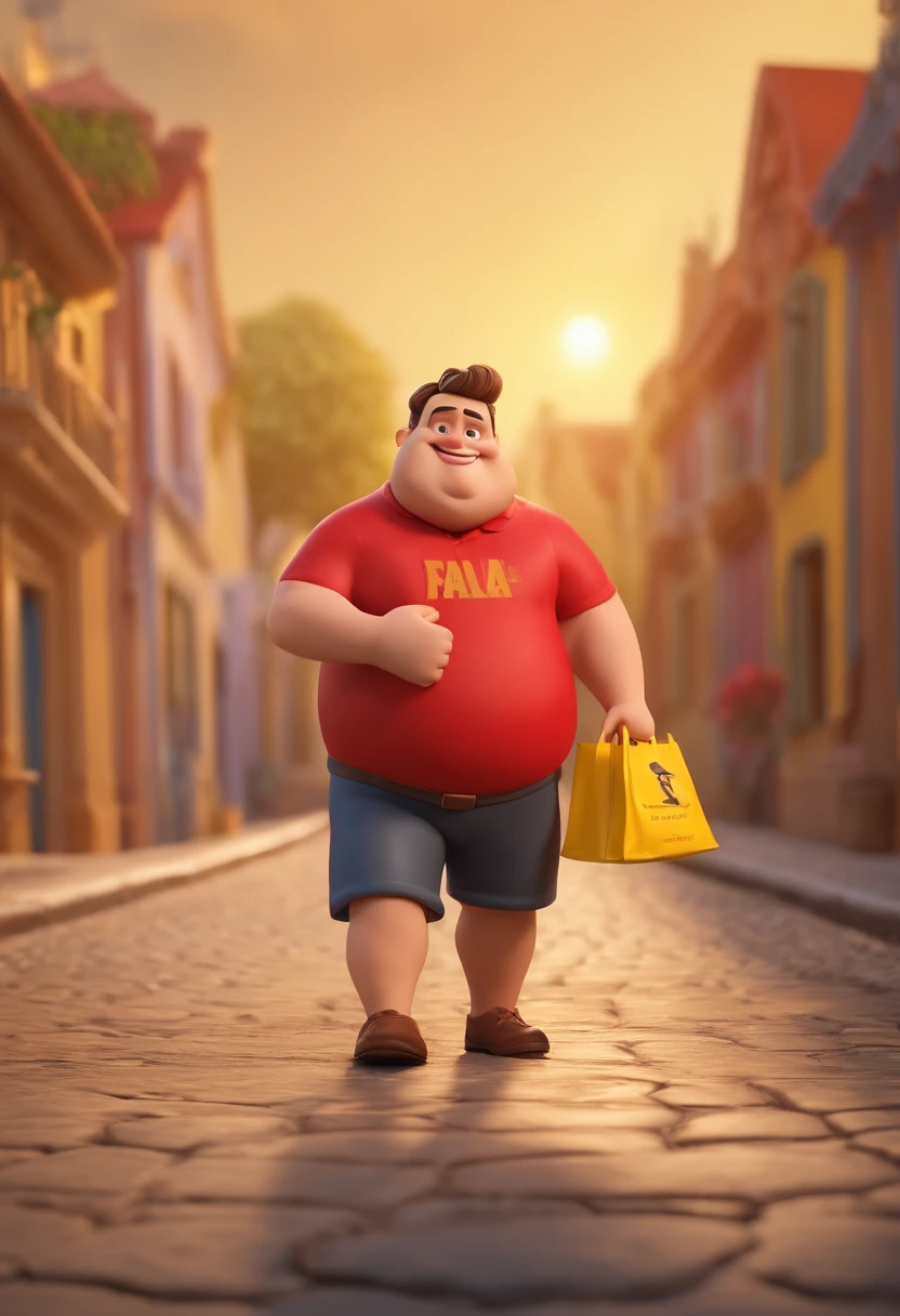 Cartoon character of a chubby man wearing a red shirt that has written EVANGELIZING IS NECESSARY and holding a yellow ecobag, um personagem animado e sorridente, Caractere estilizado, animation style rendering, 3D estilizado, Arnold Maya render, 3 d render stylized, toon render keyshot, Personagem 3D, Personagem 3D, 3d rendering stylized, 3 d character render, personagem de desenho animado, Personagem de close up, Pose de personagem, (Estilo Pixar) (master part:1.2) (Bokeh) (best quality) (pele detalhada) (textura detalhada) (8k) (argila) (Cinematic lighting) (foco nítido,Senta e vaza a parte superior do corpo