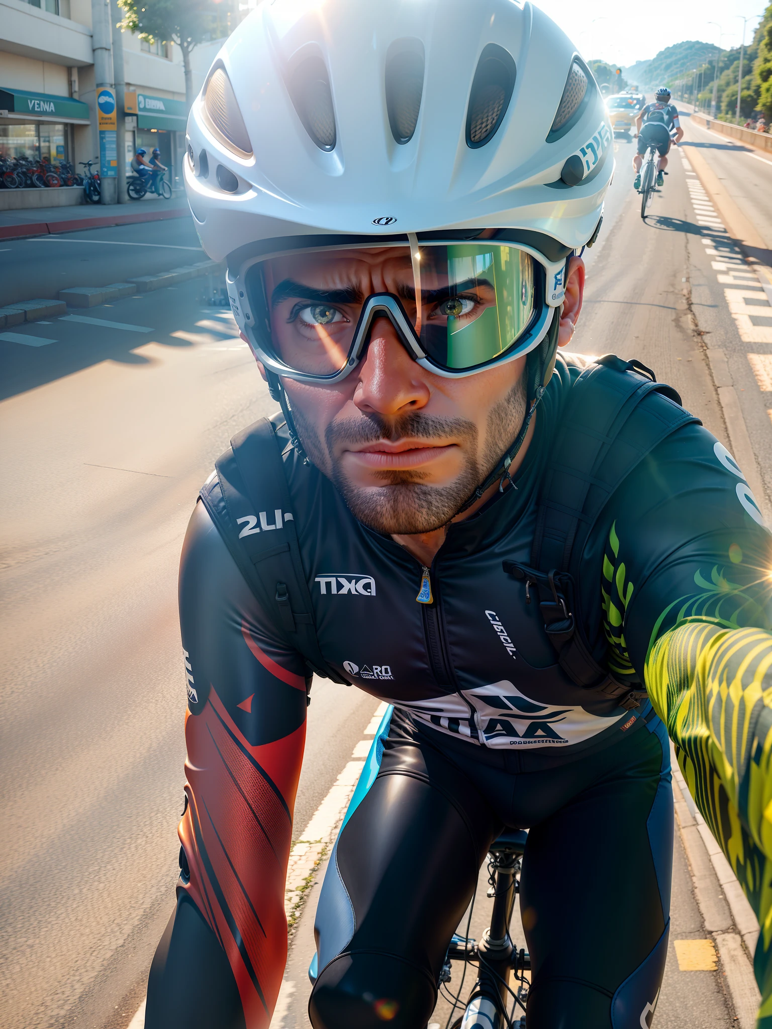 Criar imagem de uma pessoa estilo criativo pixar Disney . I'm riding on a road in Europe with Speed bike and bike uniform set and wearing helmet and goggles I have light brown eyes, estatura de um metro e sessenta e sete, cabelo preto curto com entradas e pouco cabelo , tenho barba bem rala, small ear and mouth too