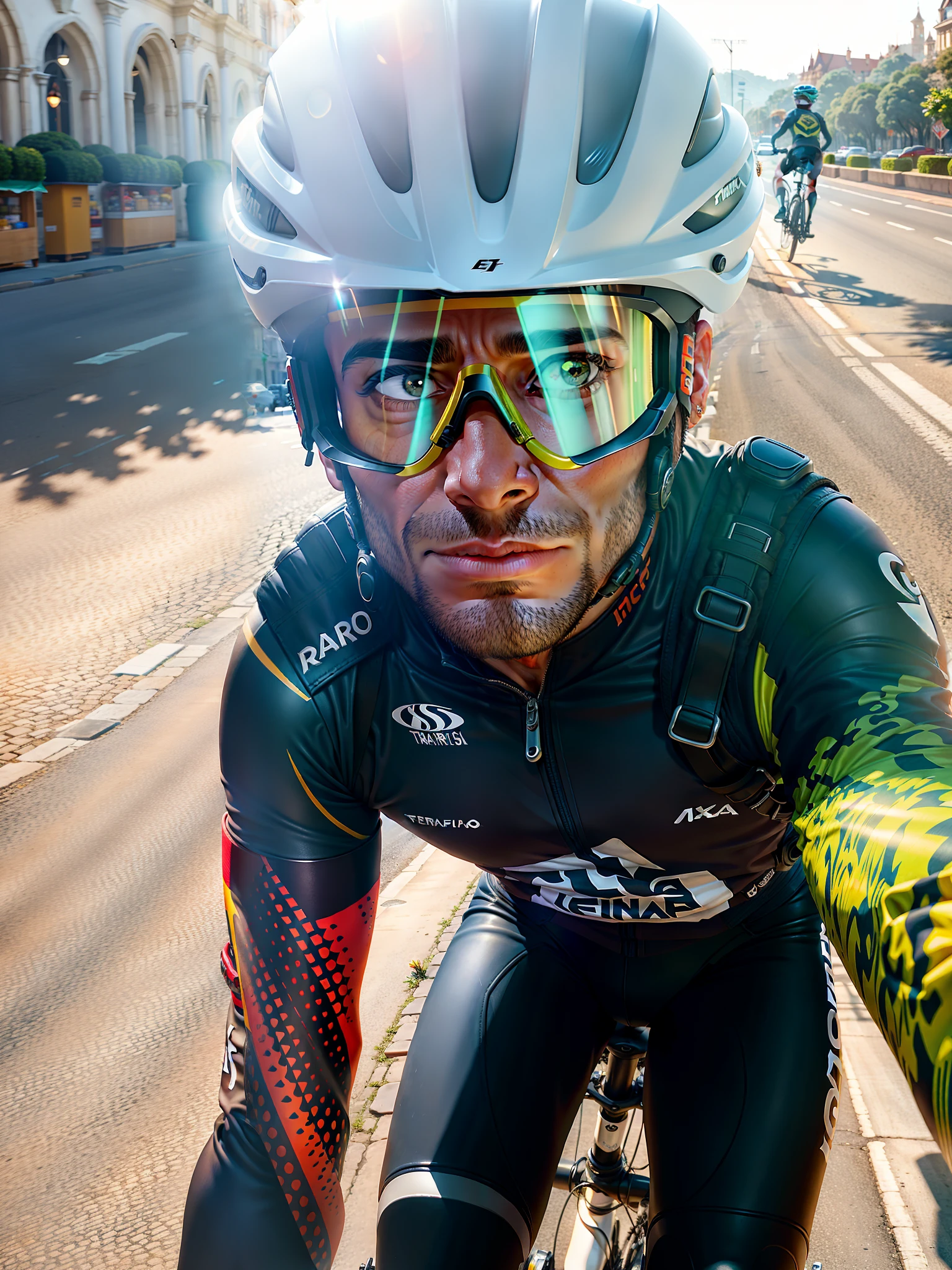 Criar imagem de uma pessoa estilo criativo pixar Disney . I'm riding on a road in Europe with Speed bike and bike uniform set and wearing helmet and goggles I have light brown eyes, estatura de um metro e sessenta e sete, cabelo preto curto com entradas e pouco cabelo , tenho barba bem rala, small ear and mouth too