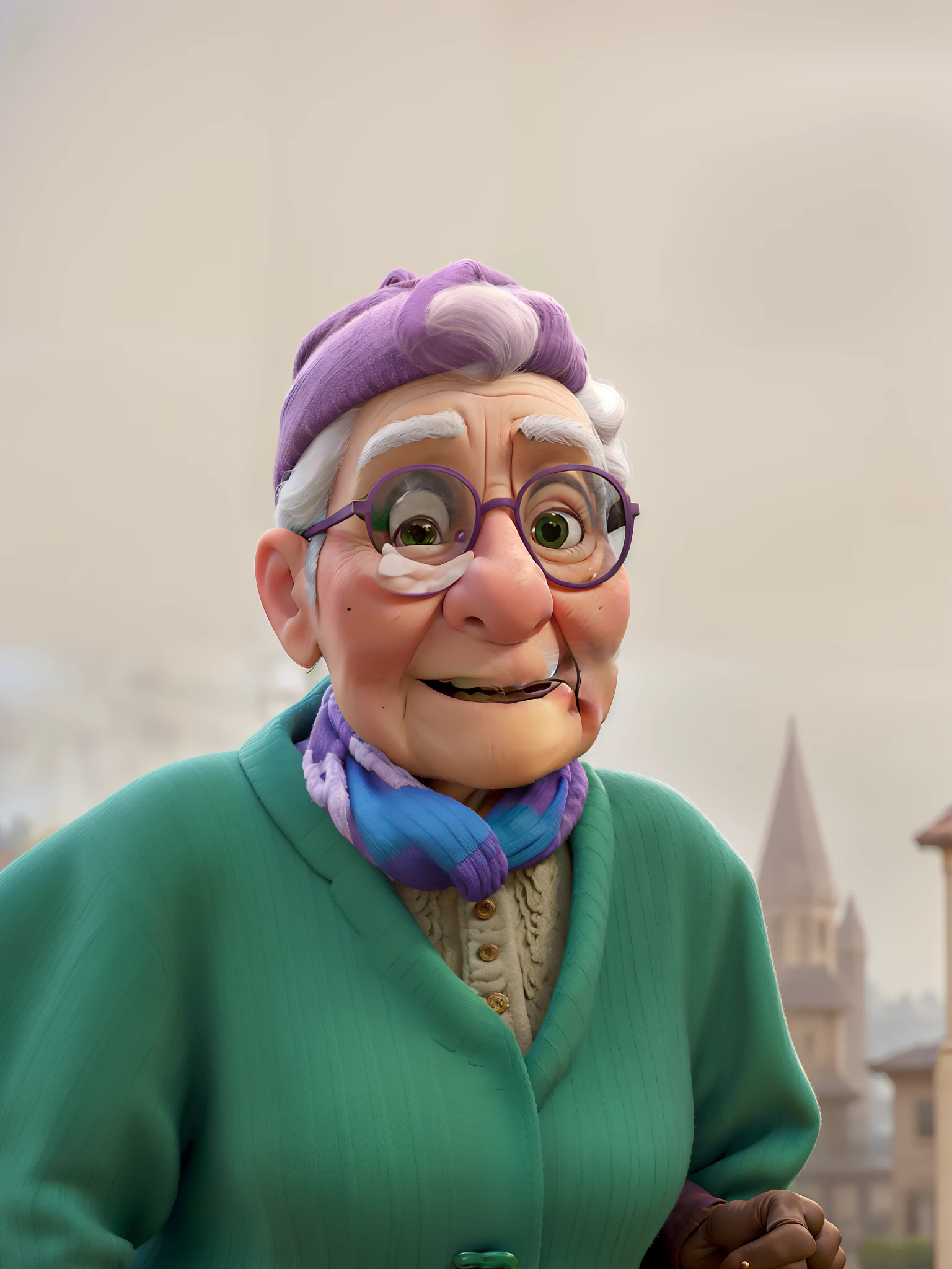 masterpiece, best quality, an old woman with glasses and a scarf on, wearing a purple coat and green scarf, standing at the park