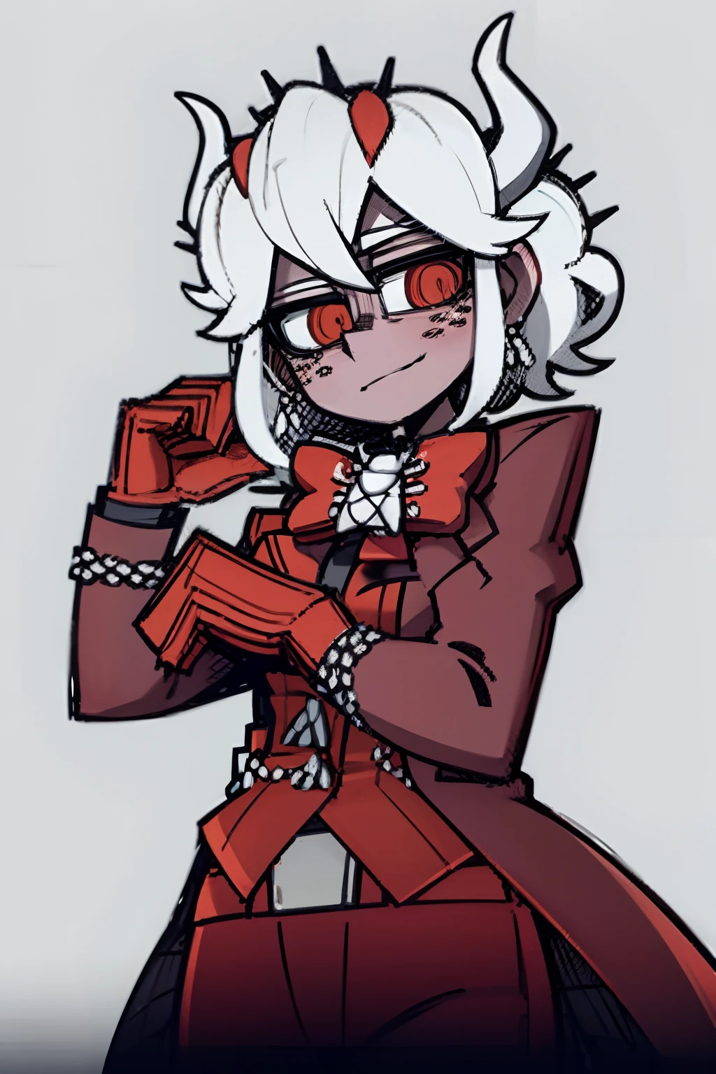 beelzebub(helltaker), red bowtie, white background, 1girl, suit, looking at viewer, red eyes, jacket, demon horns, white hair, vest, red bow, shirt, formal, bow, upper body, waistcoat, smile, earrings, closed mouth, demon girl, red gloves, black shirt, bowtie, gloves, jewelry, simple background, red jacket, horns, white horns, solo, hair between eyes, short hair