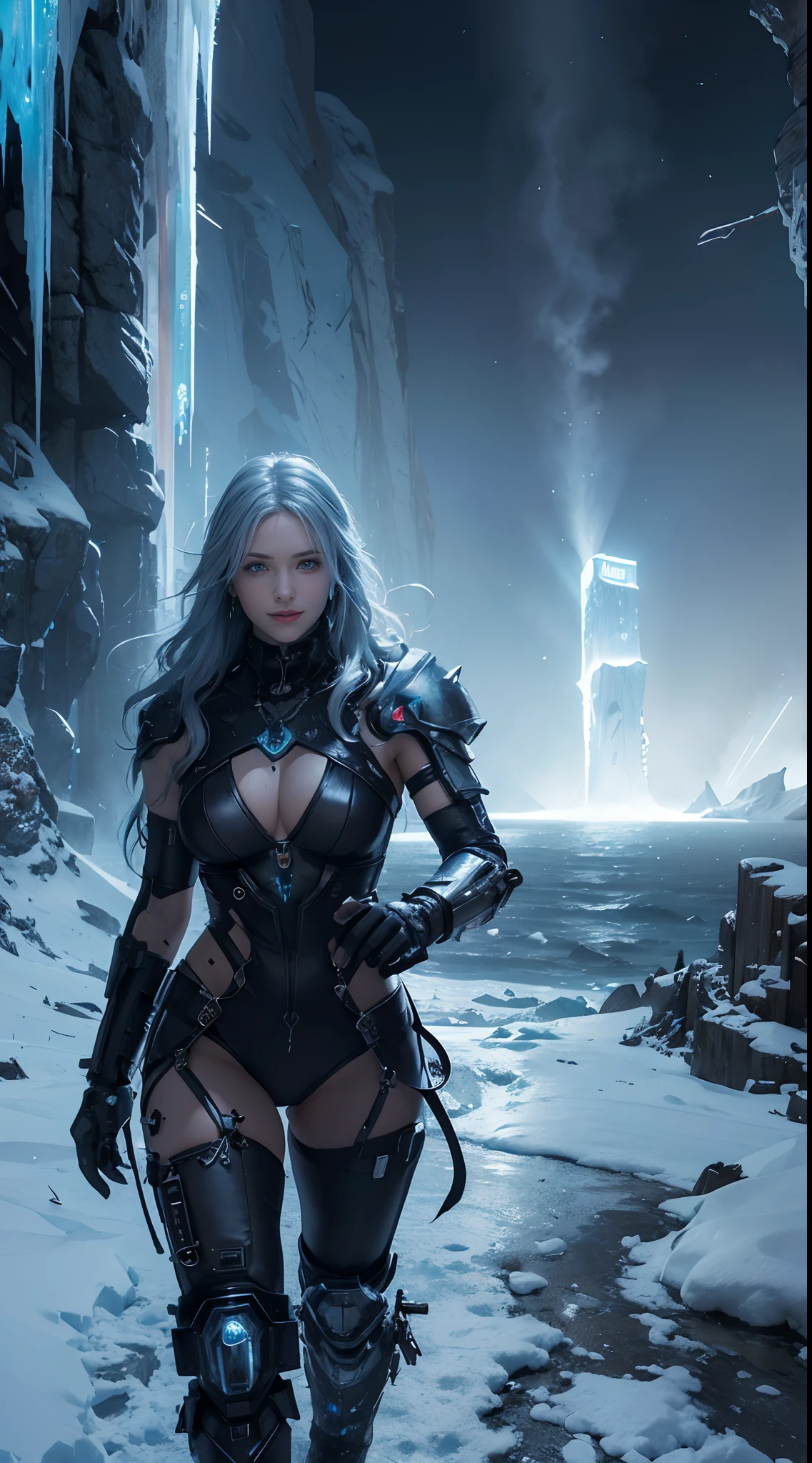 Cyberpunk, mechanical, broken, there is a picture of a very large iceberg, cyberpunk, mechanical, broken, with a lot of snow, dungeon background, icicle background, arena background, game background, dark dark cave background,a female warrior running,((smile:1))