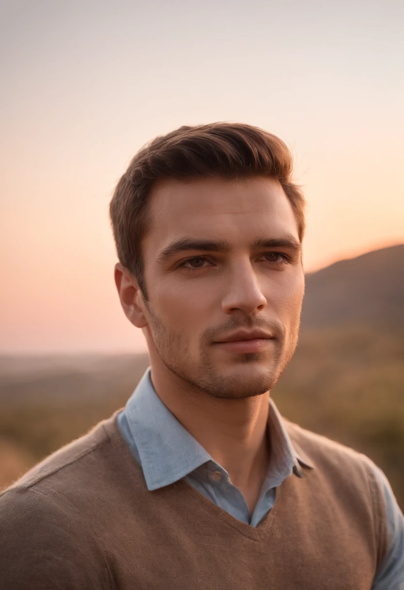 Homem em uma montanha demonstrando tristeza em um por do sol bem realista