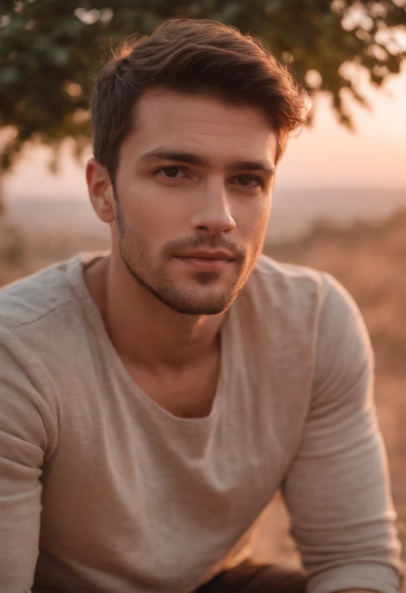 Homem em uma montanha demonstrando tristeza em um por do sol bem realista