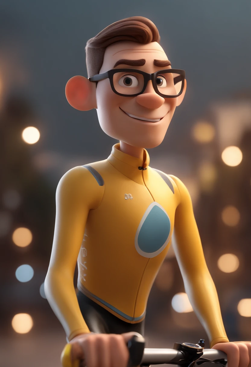 Cartoon character of a cyclist man wearing white glasses and a yellow cycling jersey, um personagem animado, Caractere estilizado, animation style rendering, 3D estilizado, Arnold Maya render, 3 d render stylized, toon render keyshot, Personagem 3D, Personagem 3D, 3d rendering stylized, 3 d character render, personagem de desenho animado, Personagem de close up, Arms in the Air Character Pose, (Estilo Pixar) (master part:1.2) (Bokeh) (best quality) (pele detalhada) (textura detalhada) (8k) (argila) (Cinematic lighting) (foco nítido，Senta e vaza a parte superior do corpo
