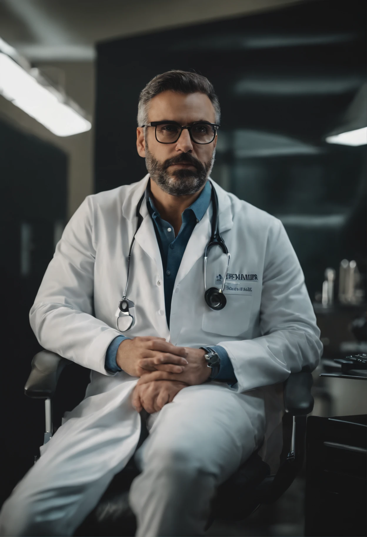 Doctor Arafed sitting on a chair in front of a computer, medic, emanuele dascanio, stefano brunesci, Carmelo Blandino, ignacio fernandez rios, giuseppe dangelico pino, wearing lab coat and glasses, Federico Pelat, Salustiano Garcia Cruz, victor maristane, ignacio fernandez rios