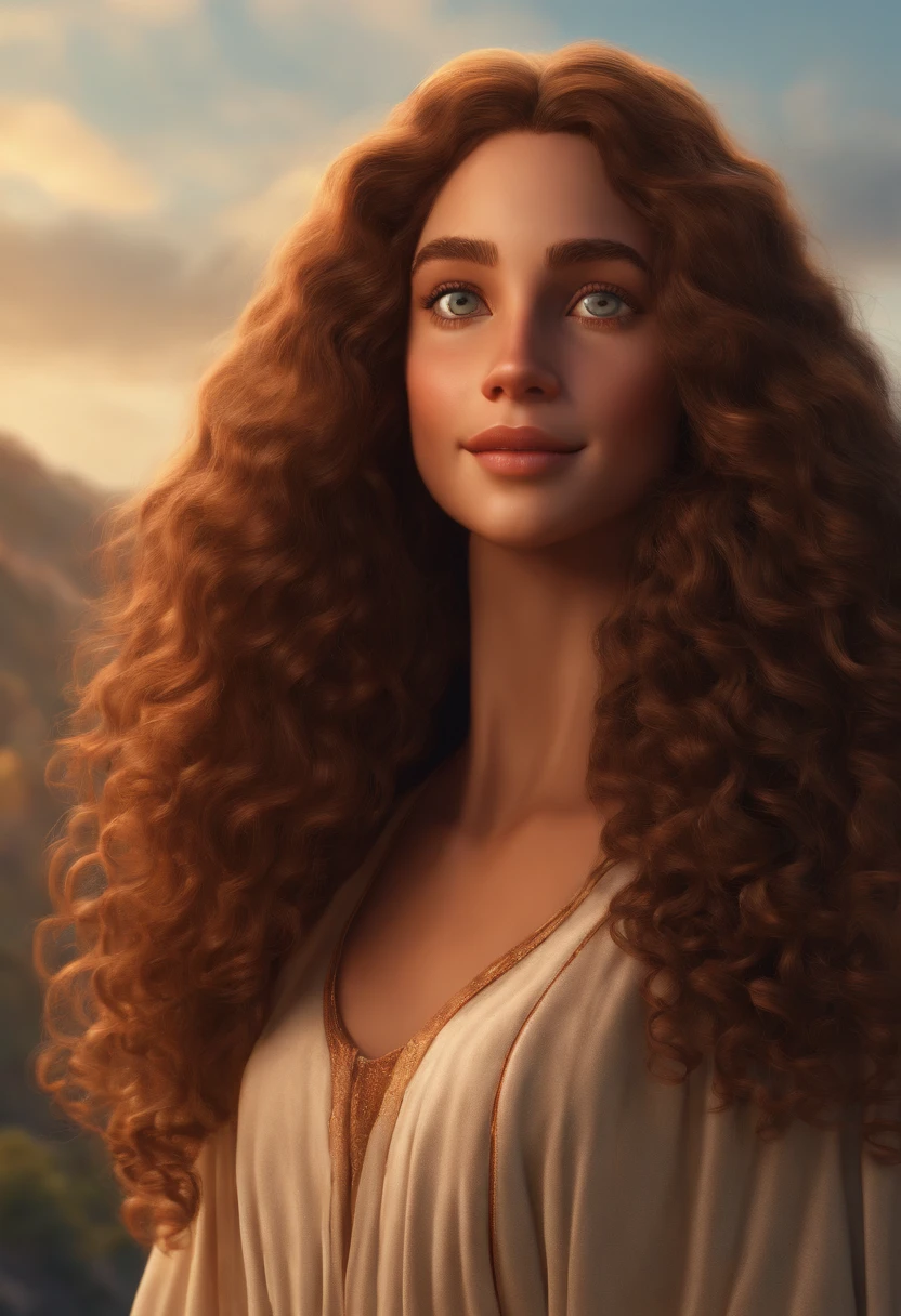 A happy Jesus Christ girl with long curly hair standing on top complied, fundo branco, barnet, Tom, Estilo Pixar, ....3d, desenhos animados, rosto detalhado, asymmetrical 16k