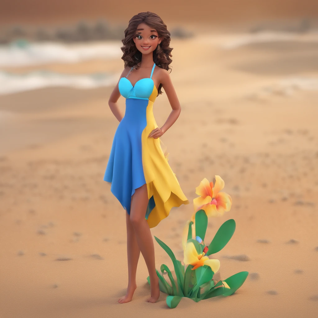 Evelyn is a 25-year-old ,branca , cabelo castanho longo e com cachos , Skinny and smiling , vestindo um vestido azul e florido ,is on the beach