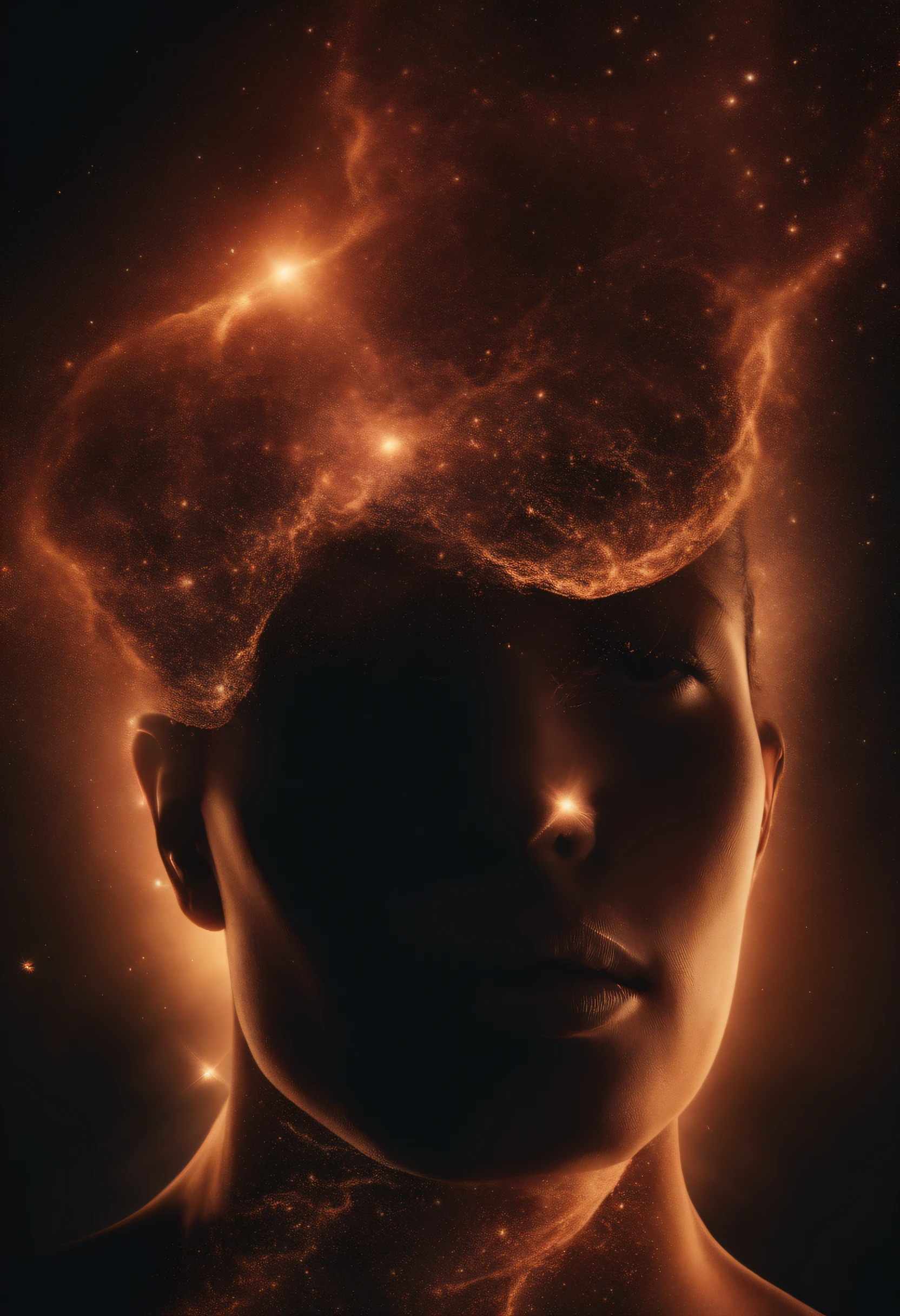 Cosmic dust and interstellar matter，The silhouette of the human body formed by molecular clouds and gas clouds，realismo ultrarrealista，incredible，espetacular，magical scenes，Estrelas cintilantes azuis e cor de rosa，Surrealist rendering，8k，arte linear，Streamer silhouette，portal, iluminado, olho dentro do portal,No specific details of the facial features of the human body appear，Forma de caractere de linha