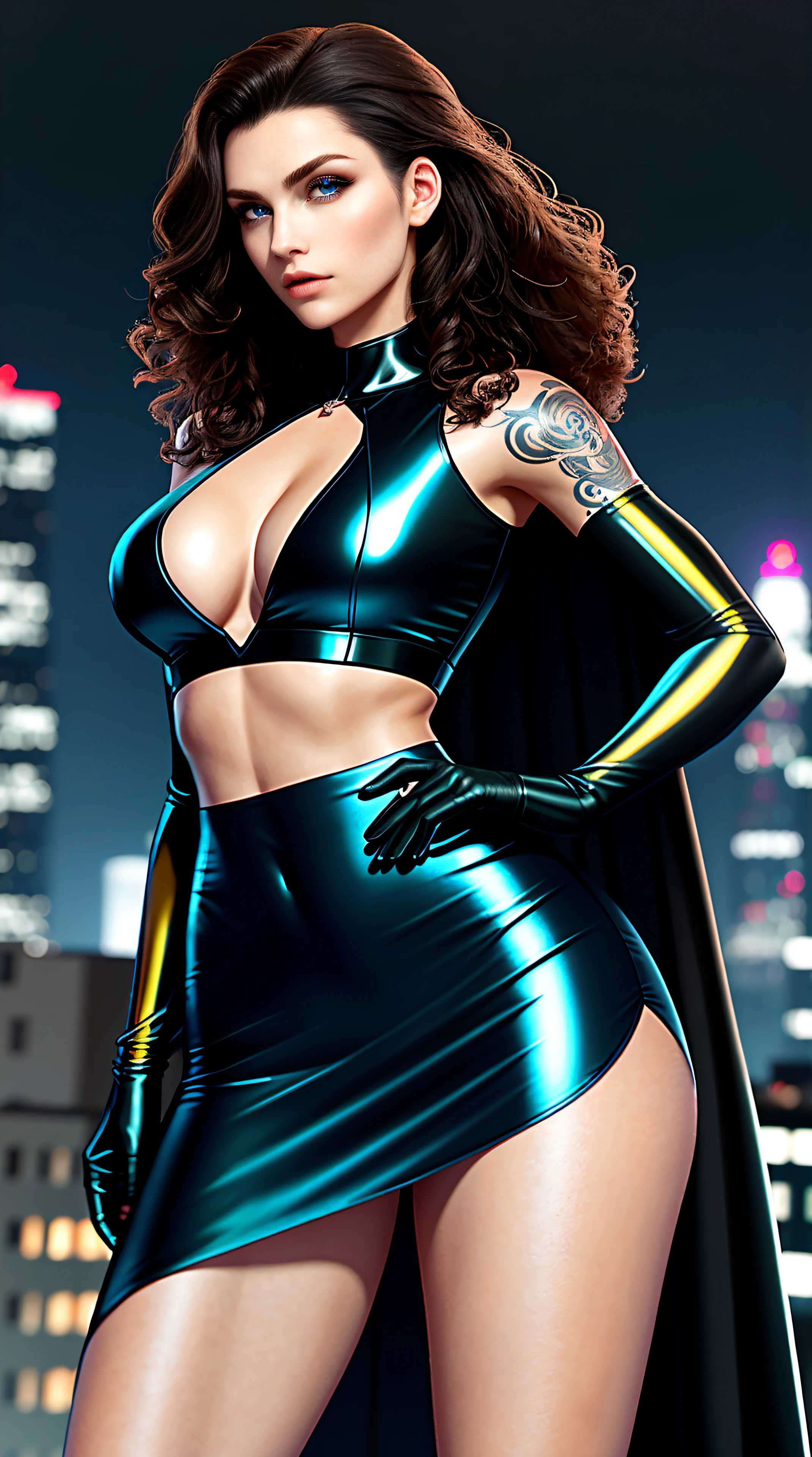 1 beautiful woman, vampire style, brunette, sensual pose, heroic, full body portrait, curly hair, layered cut, open coast sports top, transparent mini skirt, best quality, (beauty), masterpiece, cinematic lighting, extremely detailed, physics-based rendering, artstation, saturated, narrow waist, thin tattoo, long legs, thick thighs, focus on muscular legs, swollen eyes, light makeup, shiny skin, With his back to the viewer, firm expression, back to the camera, displaying back, looking spectator, in neon tokio tall buildings in the background, blue neon, rainy
