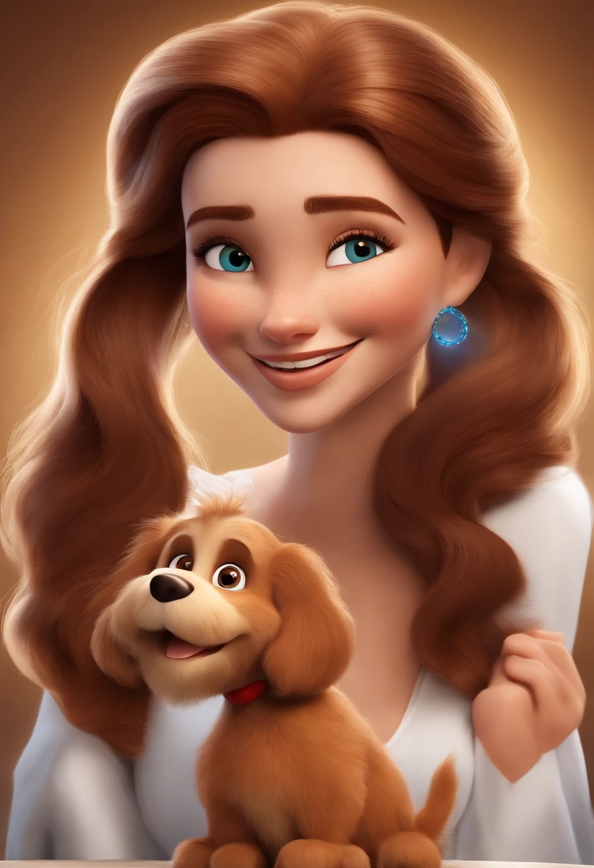 Uma menina feliz de Jesus Cristo com os cabelos cacheados, Brown eyes long big smile standing complied, segurando uma cachorrinha yorkshire com sua coeira escrito Mell fundo branco, barnet, Tom, Estilo Pixar, ....3d, desenhos animados, rosto detalhado, asymmetrical 16k