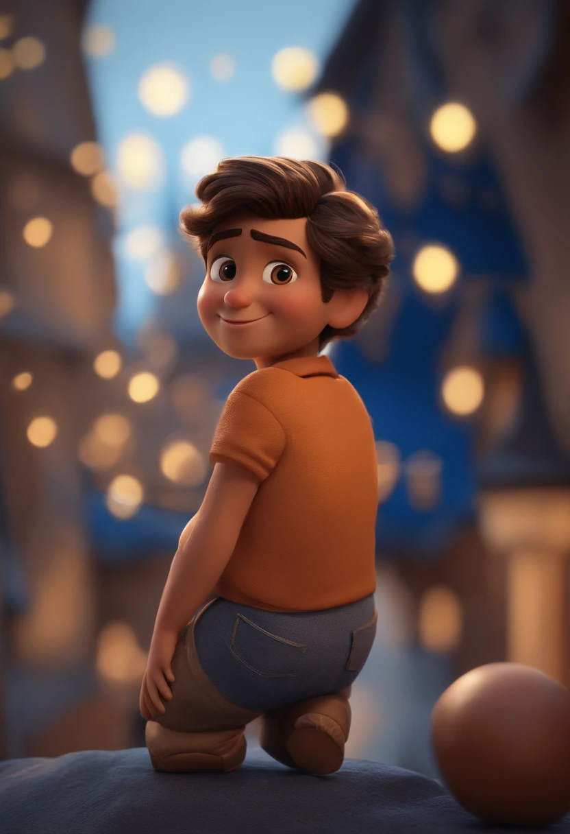 Garoto, estilo disney, tom de pele: claro:  Cabelo: marrom escuro, liso, curto, penteado para o lado direito. camisa: social, Cor azul. Fundo: Gray and white gradient,Comemorando, Hands raised, sorrindo, feliz, (estilo pixar) (obra-prima:1.2) (bokeh) (melhor qualidade) (pele detalhada) (textura detalhada) (8k) (claymation) (cinematic lighthing) (foco nítido