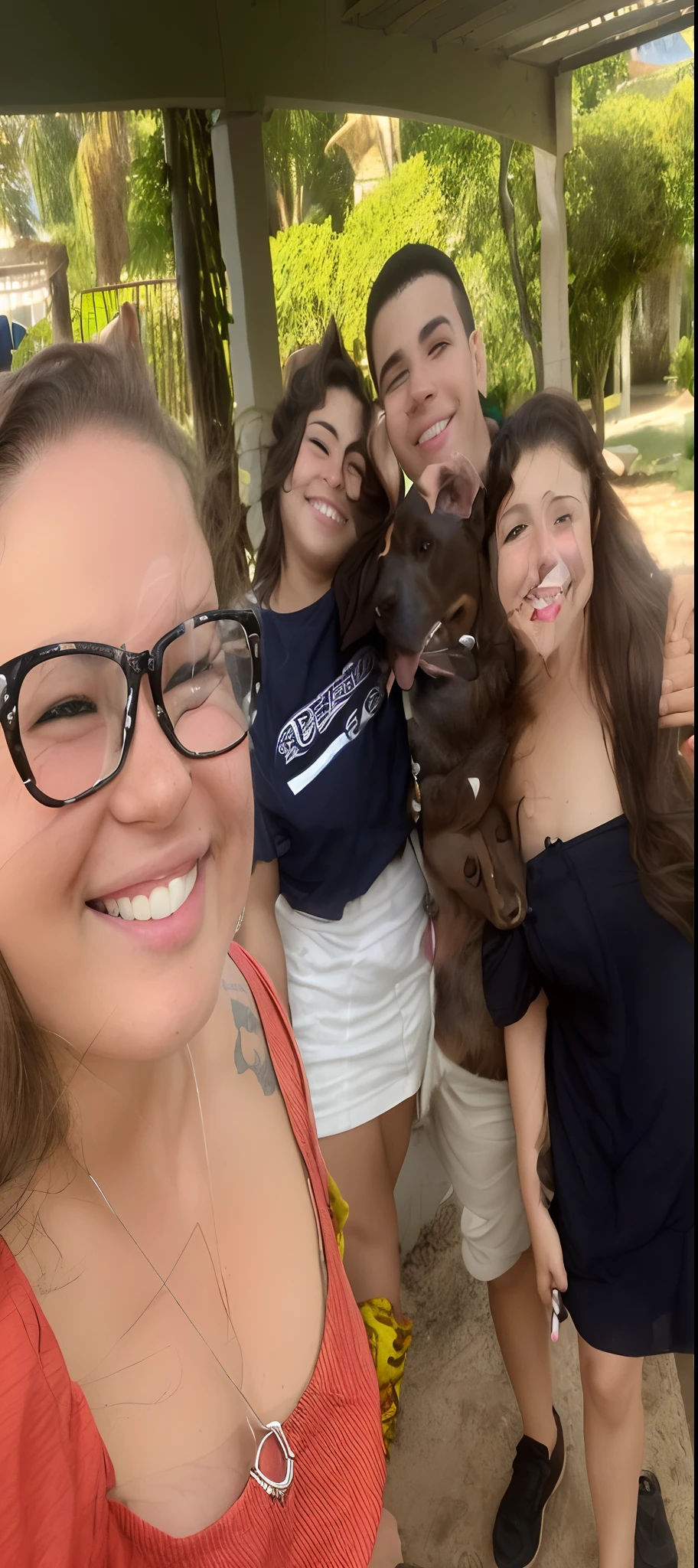 there is a dog that is sitting on a person's lap, he‘s wearing a red neckerchief, happily smiling at the camera, peludo bonito precisa de sua ajuda, bandana, olhar orgulhoso, Ciborgue - Pitbull tirando uma selfie, Looking towards the camera, selfie of a dog, bandana vermelha, winking at the camera, sorriso atrevido, pitbull, happy dog, Brutus
