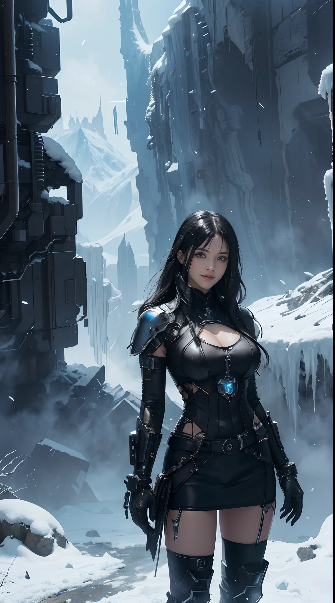 Cyberpunk, mechanical, broken, there is a picture of a very large iceberg, cyberpunk, mechanical, broken, with a lot of snow, dungeon background, icicle background, arena background, game background, dark dark cave background,a female warrior standing,((smile:1))