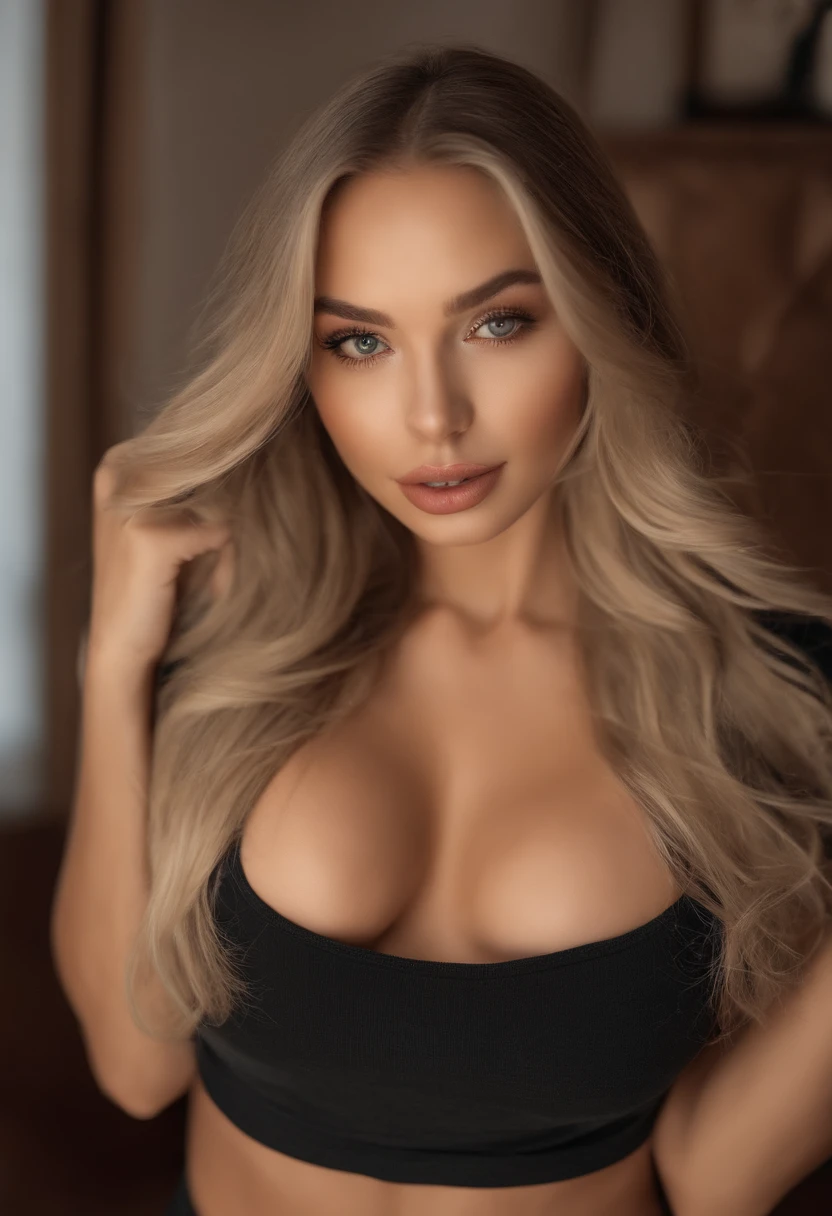 A woman in a matching T-shirt and panties, Sexy girl with red eyes, portrait sophie mudd, Portrait of de Corinnne Kopf, blonde hair and large eyes, selfie of a young woman, Макияж Without, natural makeup, Look directly into the camera, face with artgram, dezentes Make-up, Excellent full-length photography, in a room, big breastes, blonde, Latina, breasts exposed, Shirtless shirt, Tits Out, Chest Out, really realistic